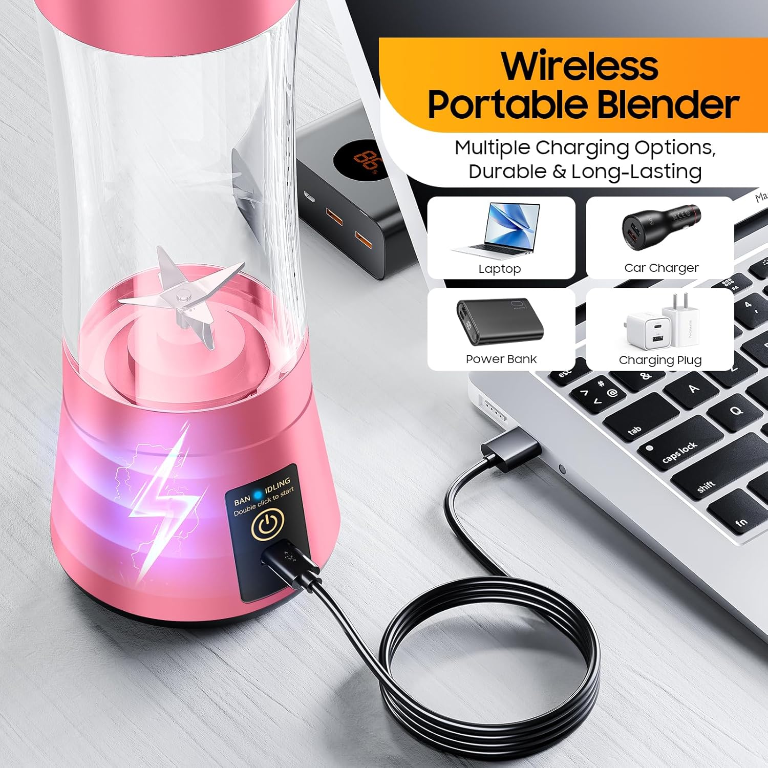 Cordless Portable Personal Size Blender - Mini Blender Make Smoothies and Shakes, 380Ml BPA Free Travel Cup, Powerful Blending Suit in Office/Home/Gym