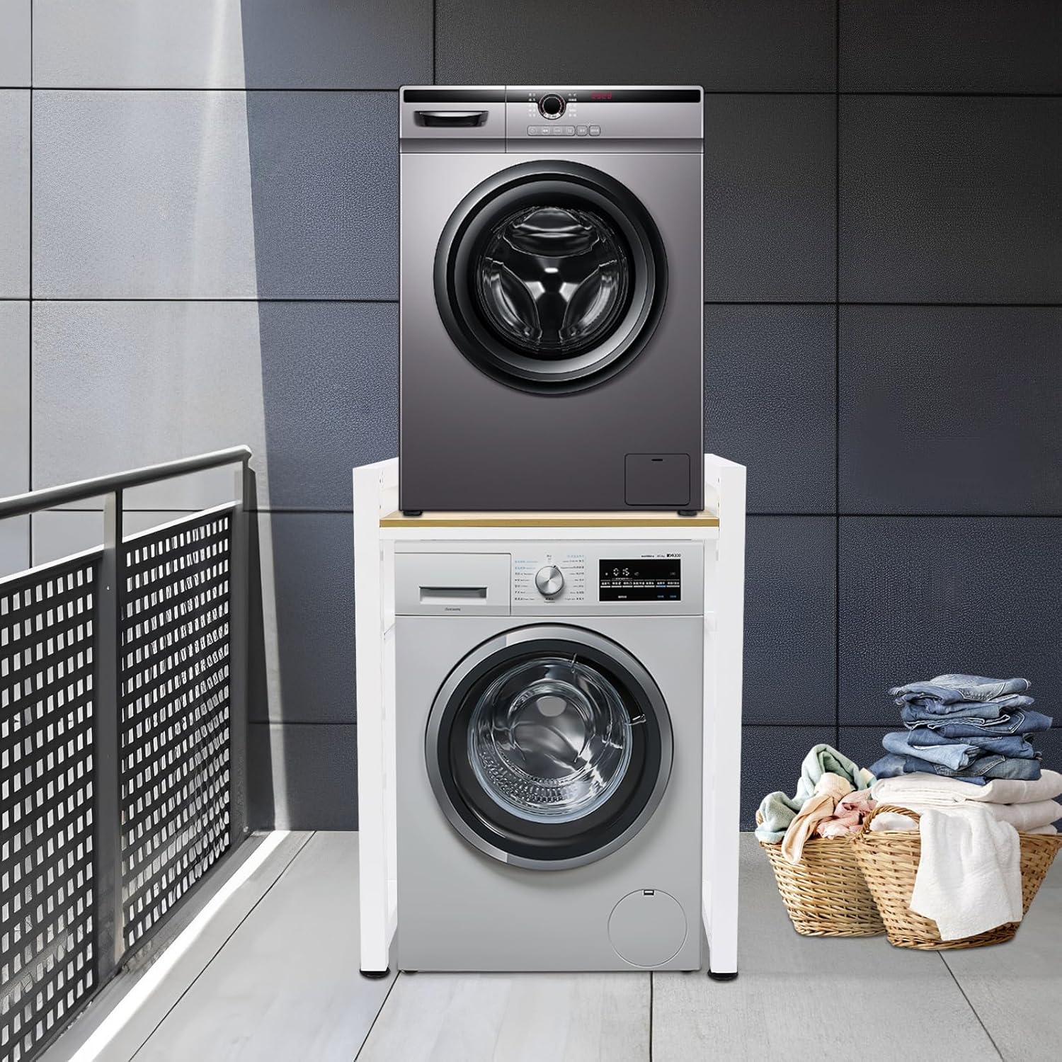 Stacking Rack Stand, Heavy Duty Over Washer&Dryer Shelves with Adjustable Shelf, Space Saver Stackable Storage Shelf for Laundry Room Apartments Bedrooms (White& Light Walnut)