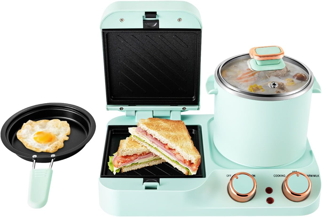 3-in-1 Breakfast Station, Electric Non-stick Mini Toaster Bread Sandwich Maker Machine & Frying Pan & Stock Pot, Multifunctional Cooking Station,Household Breakfast Appliances for Small Spaces