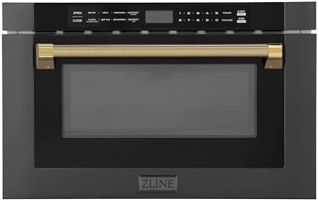 ZLINE Autograph Edition 24 in. 1.2 cu. ft. Built-in Microwave Drawer in Black Stainless Steel and Polished Gold Helix Handle (MWDZ-1-BS-H-KG)