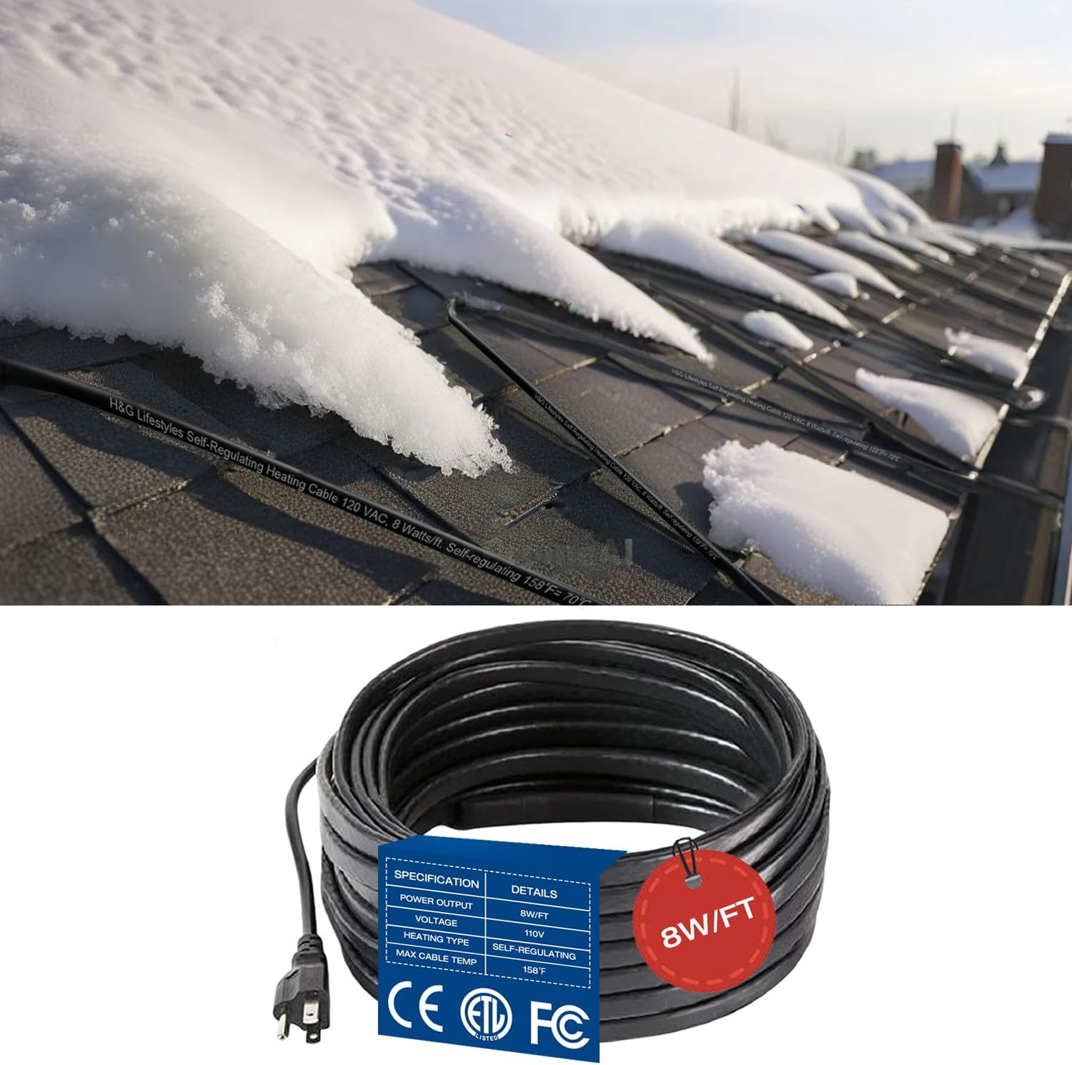 H&G Lifestyles 8W/FT Roof Heat Cable for Roof and Gutters, Self-Regulating Heaters to Prevent Ice Dams,Heavy Duty Heat Tapes for Snow De-icing, 8Watts per Foot Patented Heating Technology 120FT