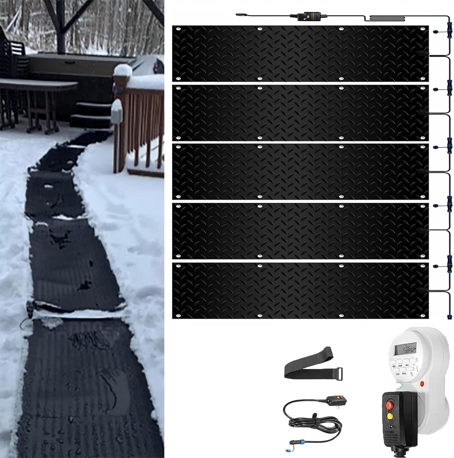 Heated Snow Melting Mats for Entrances with Timer, 1/2/3/4/5 Pcs Outdoor Stairs- Non-Slip Non Slip Rubber Heated Mat, Winter Removal and Ice Melt Products -Heating Entrance(5 Pcs,10x48in/(25.4