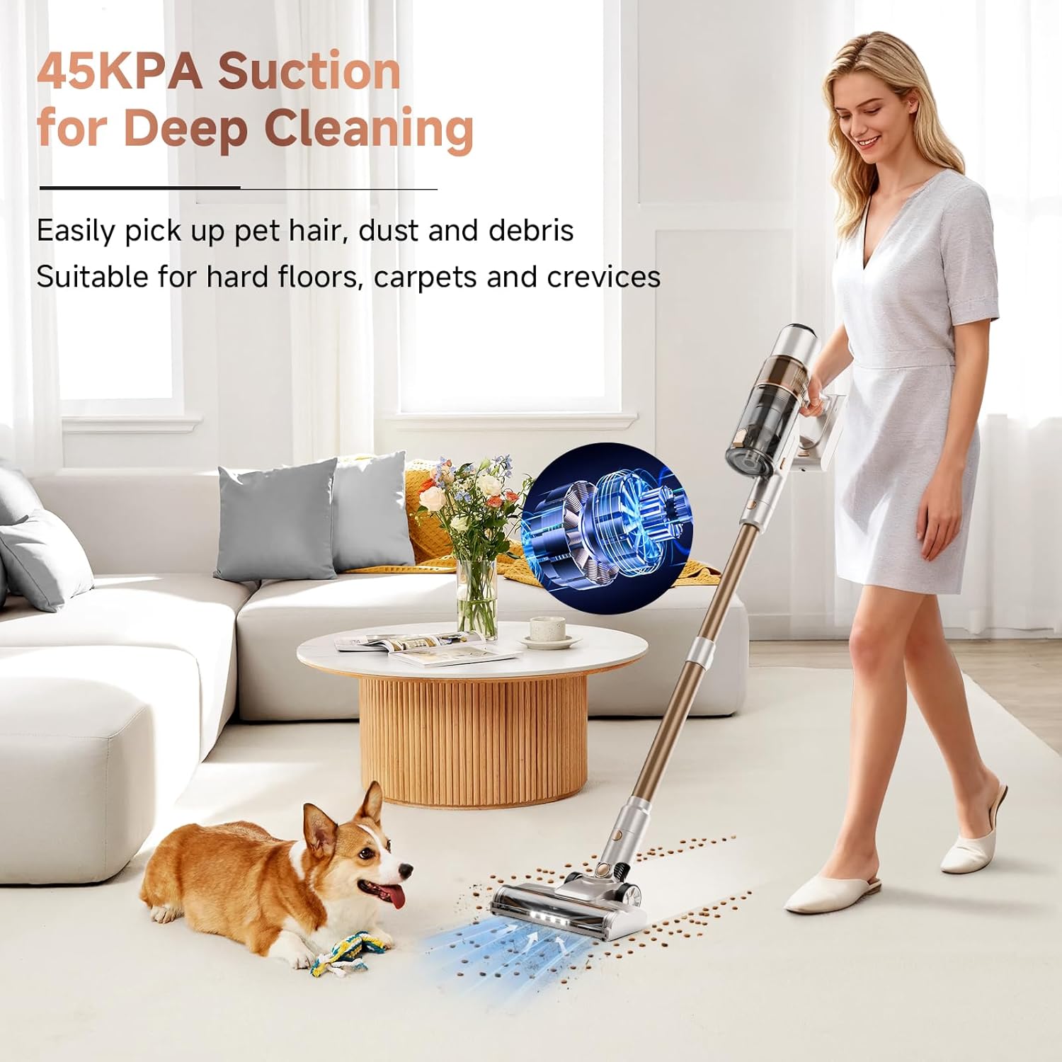 Cordless Vacuum Cleaner, 550W/45KPA Powerful Suction Cordless Stick Vacuum Cleaners for Home, Anti-Tangle Brush, Lightweight, 6-IN-1 Rechargeable Vacuum for Pet Hair/Carpet/Hard Floor(Off-White)