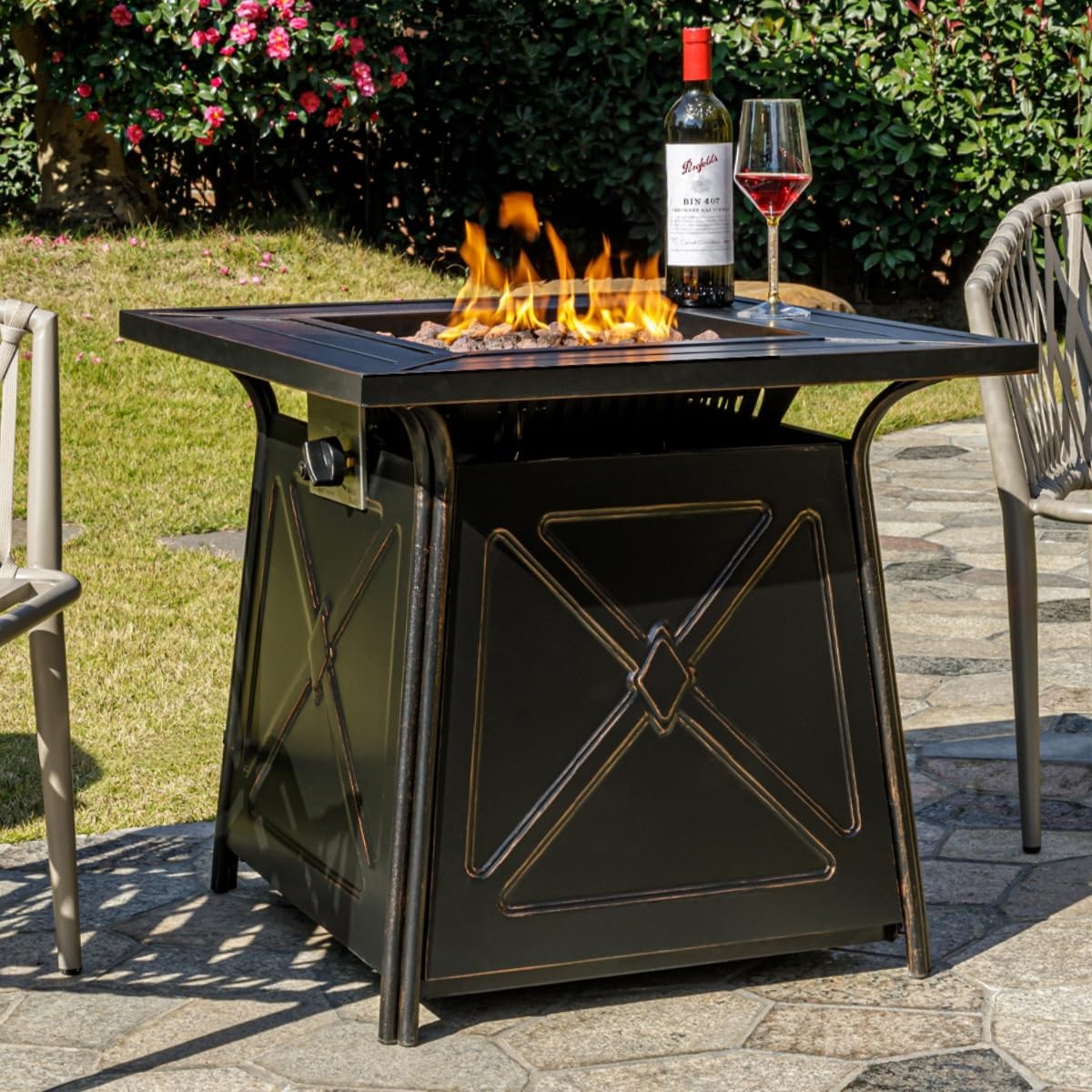 28 inch Propane Fire Pit Table,Gas Fire Pits Table for Outside,50000 BTU Propane Firepit with Lid &Lava Rocks,Gas Firepit for Garden,Yard (Black)