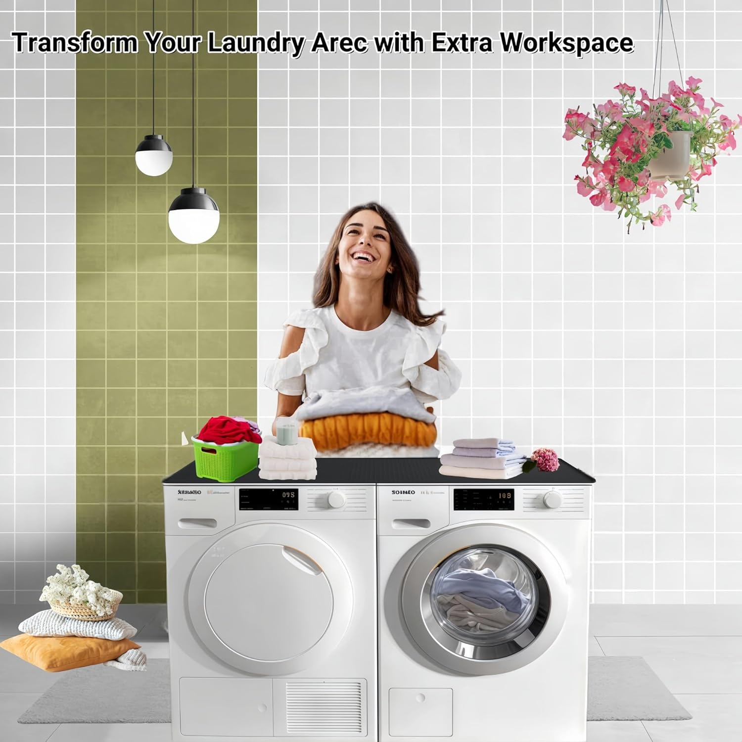 51'' x 25.6'' Washer and Dryer Covers for the Top, Silicone Washing Machine Cover, Dryer Top Protector Mat, Washer Dryer Countertop, Perfect for Laundry Room, Home Use, Black