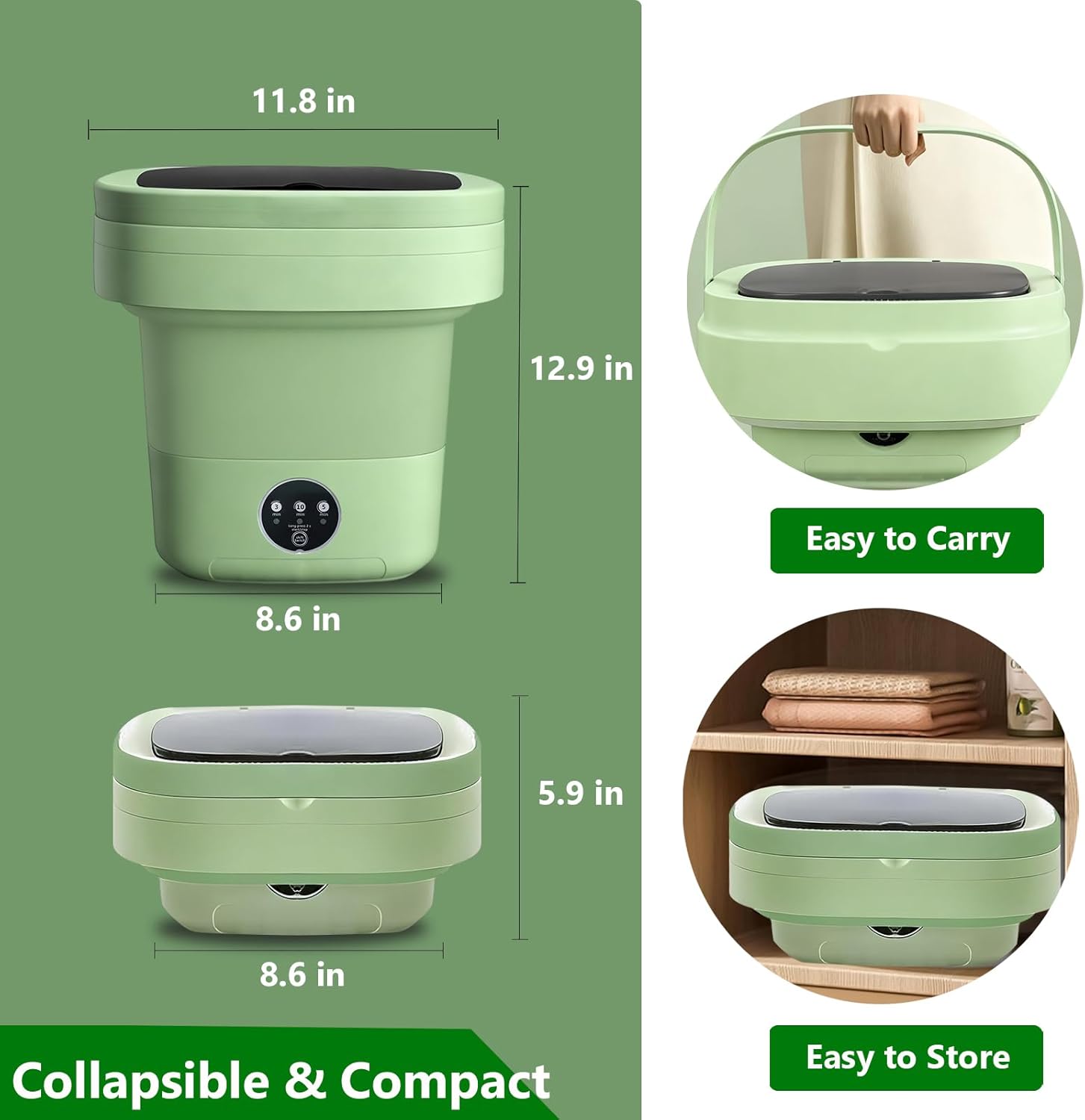 Portable Washing Machine, 15L Mini Collapsible Washer with 3 Cleaning Modes for Baby Clothes, Underwear, Small Foldable Laundry for Travel Apartment Home Dorm Hotel Camping (Green)