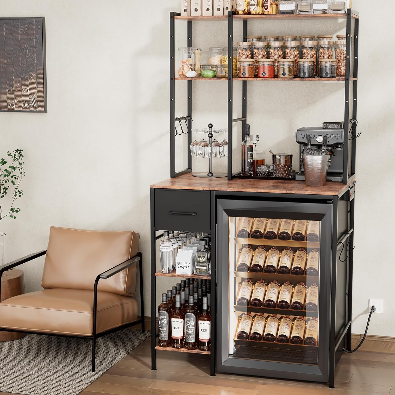 Ollieroo Kitchen Mini Fridge Stand with Storage, Microwave Oven Stand Table with Power Outlet, 34.6