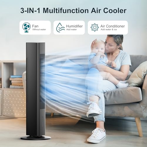 Windowless Portable Air Conditioner Ac Units with Remote, Evaporative Air Tower Cooling Fan, Small Indoor Outdoor Oscillating Swamp Cooler for Room Office Kitchen,7H Timer, Black