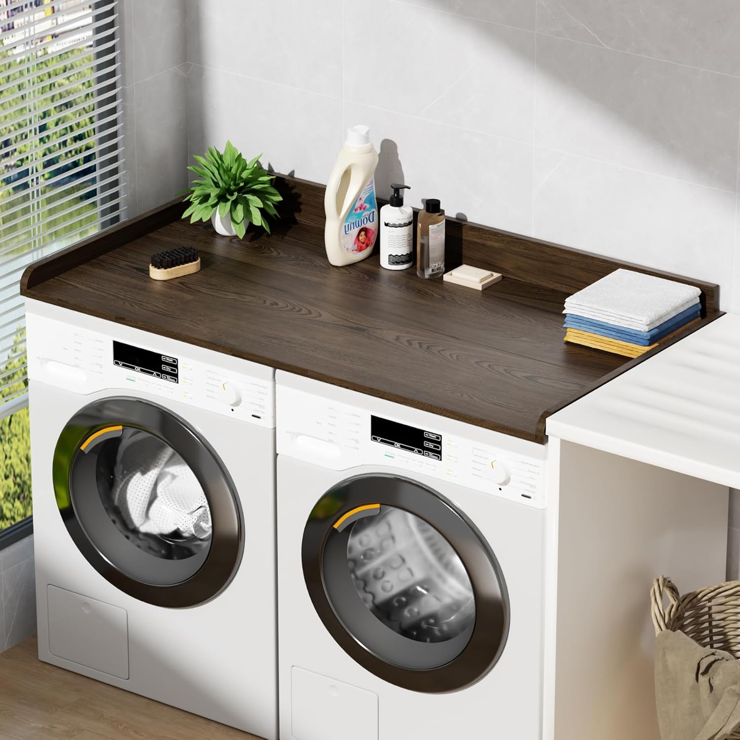 Washer Dryer Countertop, Laundry Countertop Over Wooden Washer and Dryer for The Top with Non-Slip Pads, Laundry Hamper Counter Storage Organization 54