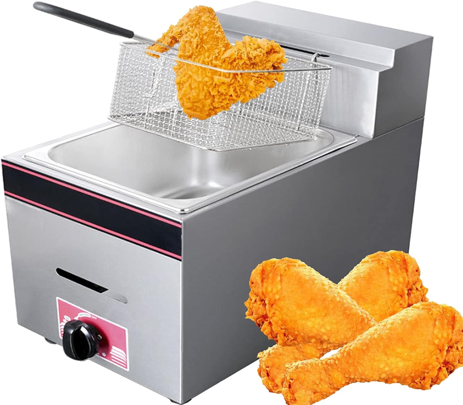 Stainless Steel Gas Fryer, Commercial LPG Fryer, 10L Large Capacity Single Fryer, Adjustable Temperature Control, Thick Counter Top Deep Fryer with Basket and L（Liquefied Petroleum Gas）