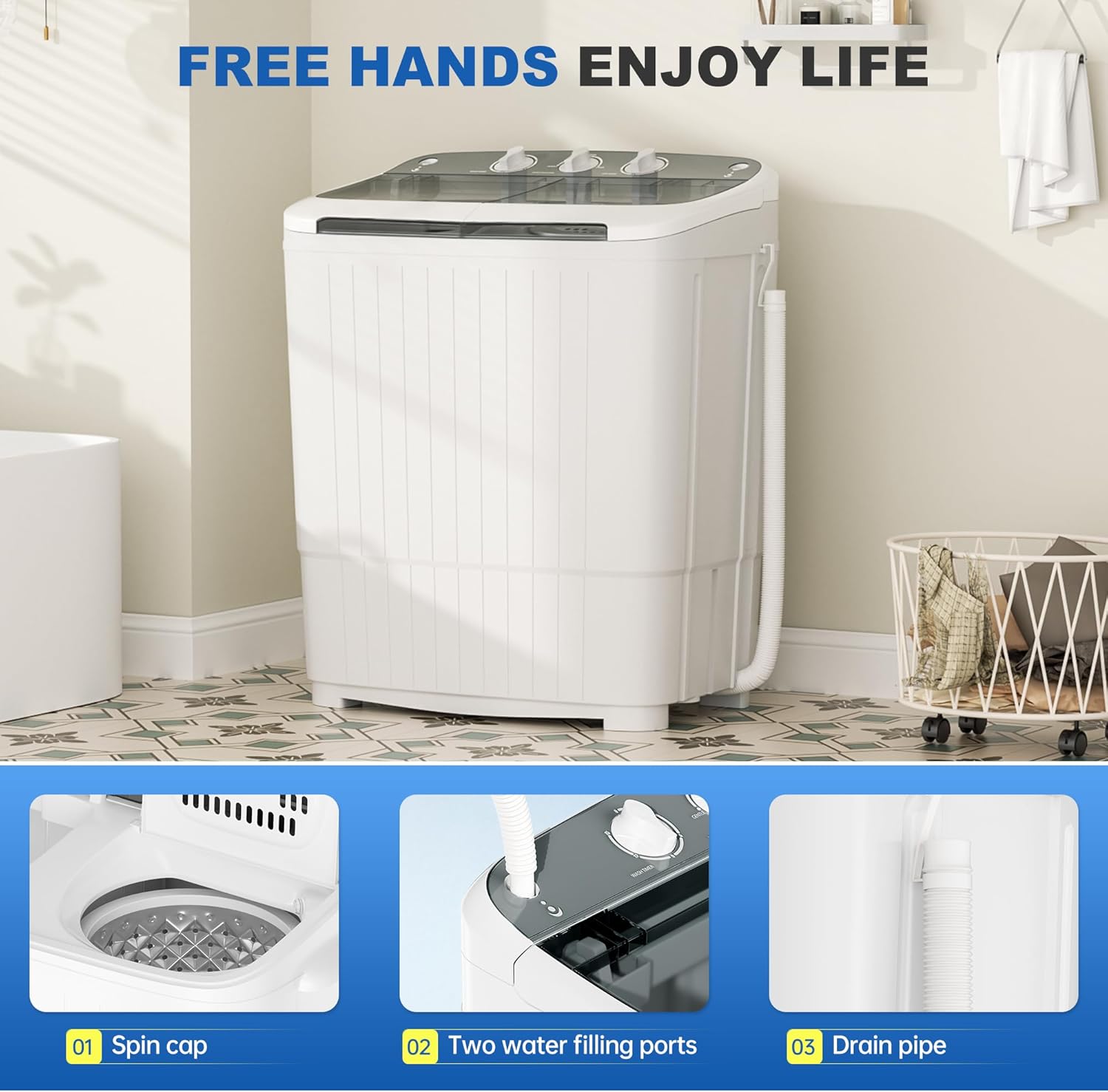 Superday Portable Washing Machine, 17.6lbs Mini Washing Machine and Spin Dryer Combo, Mini Twin Tub Laundry Machine for Camping, Apartments, Dorms, College Rooms, RV, Delicates, Grey