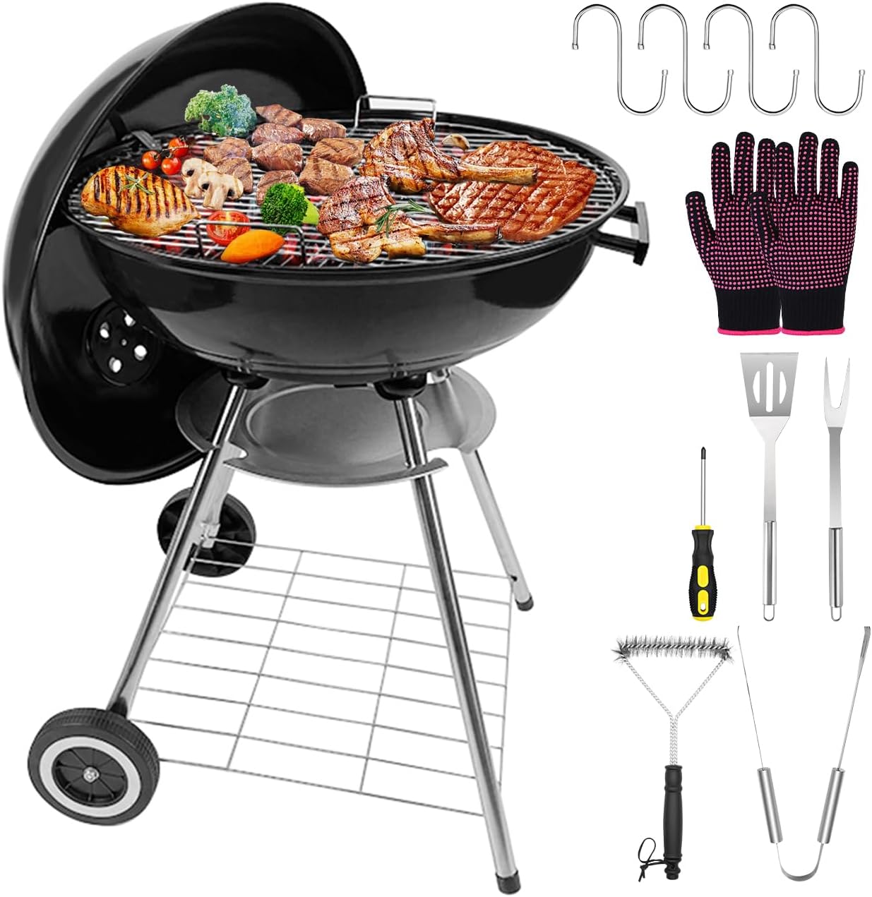 22-Inch Charcoal Kettle Grill with Enamel Lid, Portable Outdoor Grill with Wheels