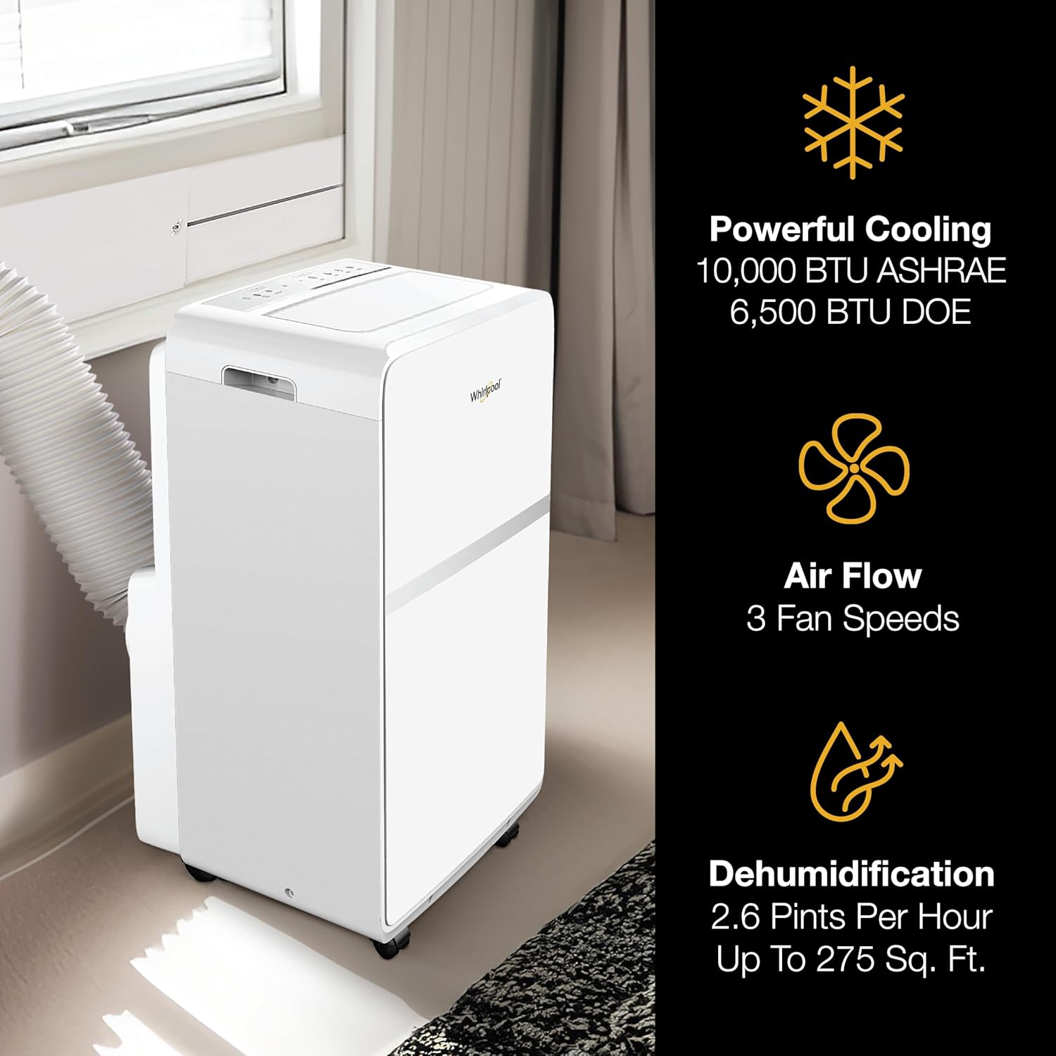 Whirlpool 10,000 BTU Portable Air Conditioner for Home with Dehumidifier, A/C Portable Air Conditioner for Apartment and Bedroom, 115V, AC for Small Rooms up to 275-Sq. Ft. with Remote in White
