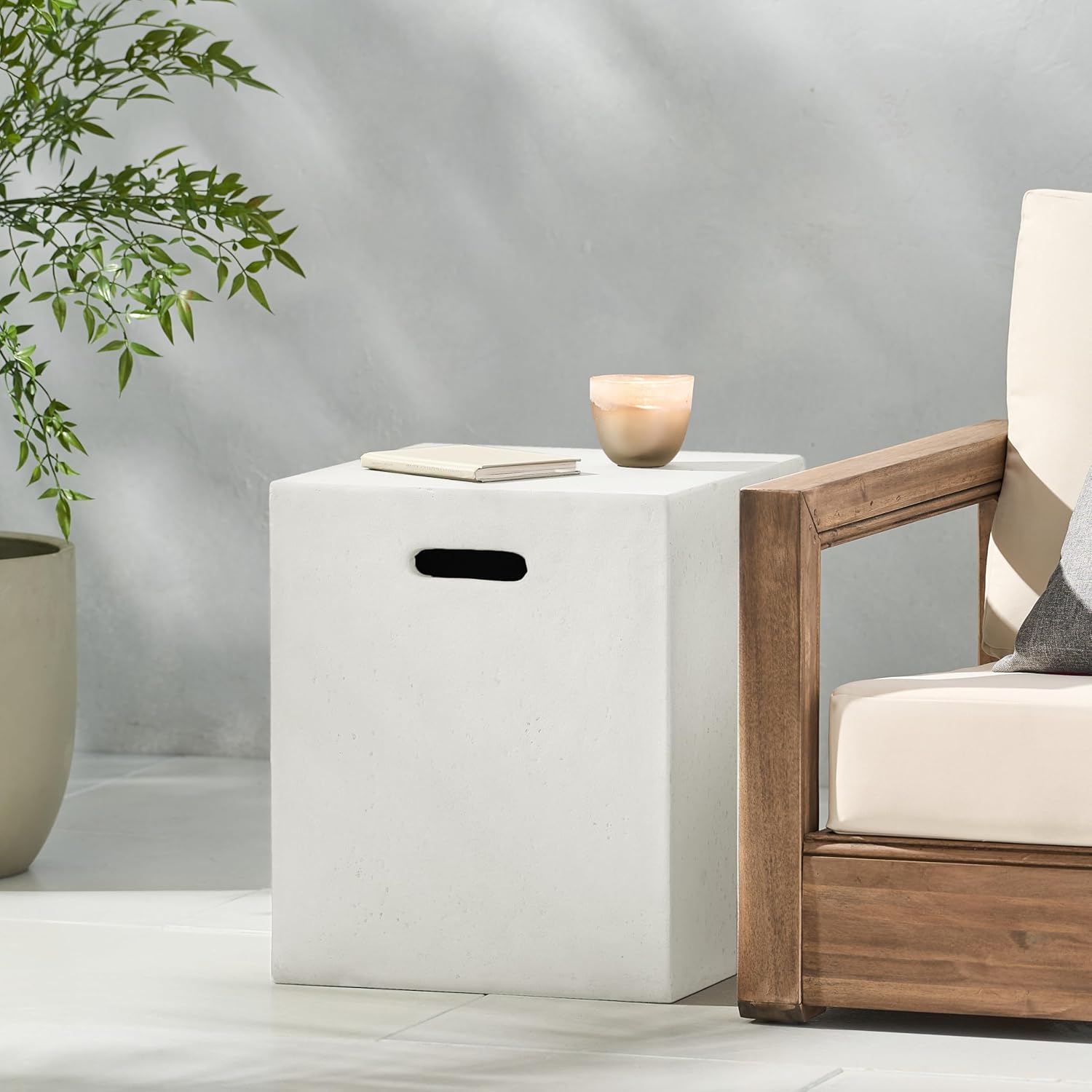 Christopher Knight Home Hearth Outdoor Tank Holder, Lightweight Concrete Tank Table, Concrete Fire Side Table, Metal Stand, Propane Cover Storage Hideway for Gas Fire Pits, No Assembly Needed, White