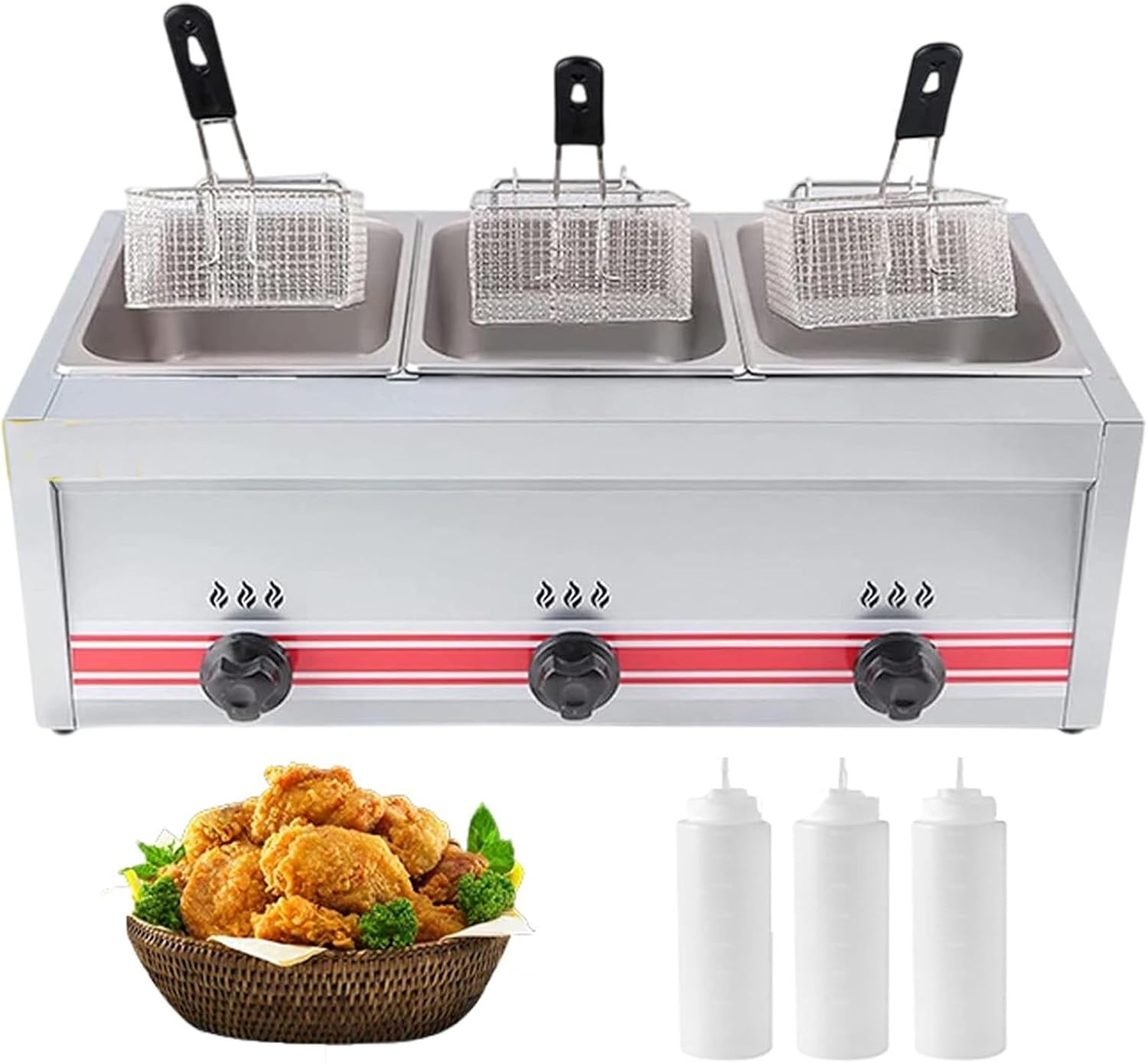 Large Capacity Oil Basin Fryer Thickened Countertop Oil Fryer Temperature 3 Basket Turkey Fryer, 30L Multi-Function Commercial Food Service Equipment Kitchen Cooking