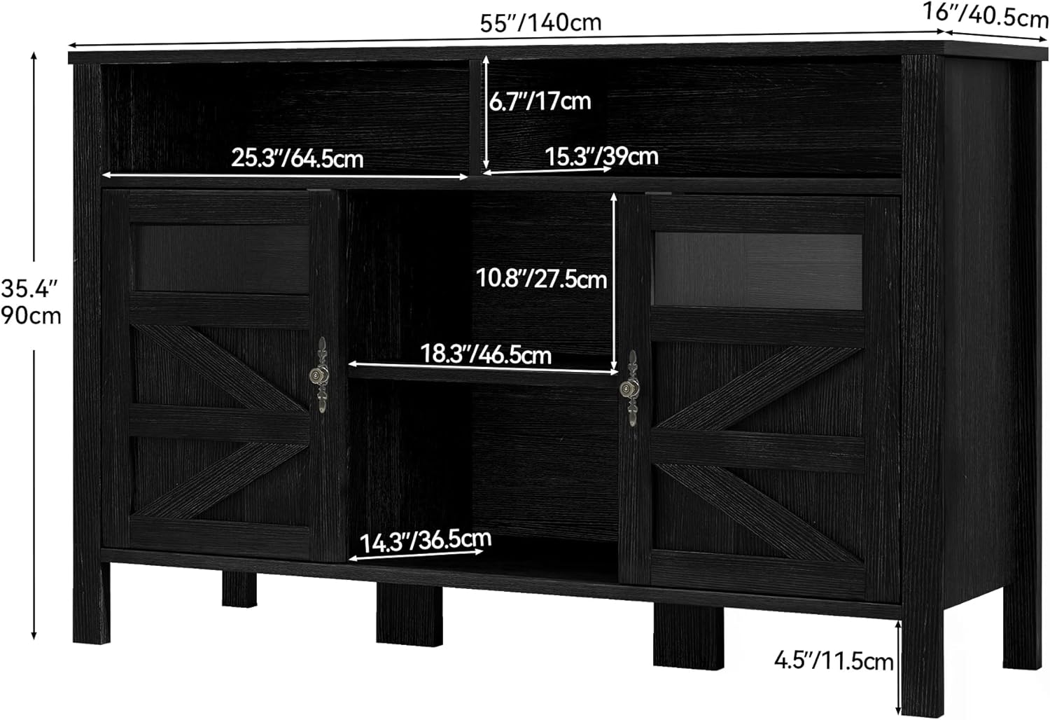YITAHOME 55'' Farmhouse Buffet Cabinet with Storage, Large Sideboard Cabinet with 2 Doors & Open Storage, Versatile Coffee Bar Table for Kitchen & Living Room (Black)
