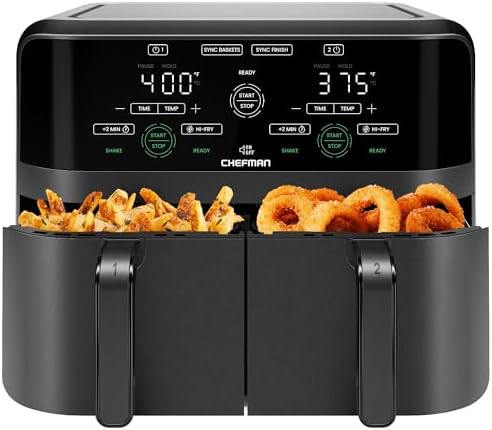 Chefman 6 Quart Dual Basket Air Fryer - Digital Touchscreen, Smart Sync Finish, Hi-Fry, Auto Shutoff, 2 Independent 3QT Nonstick Dishwasher-Safe Frying Baskets - Digital Double Air Fryer - Black
