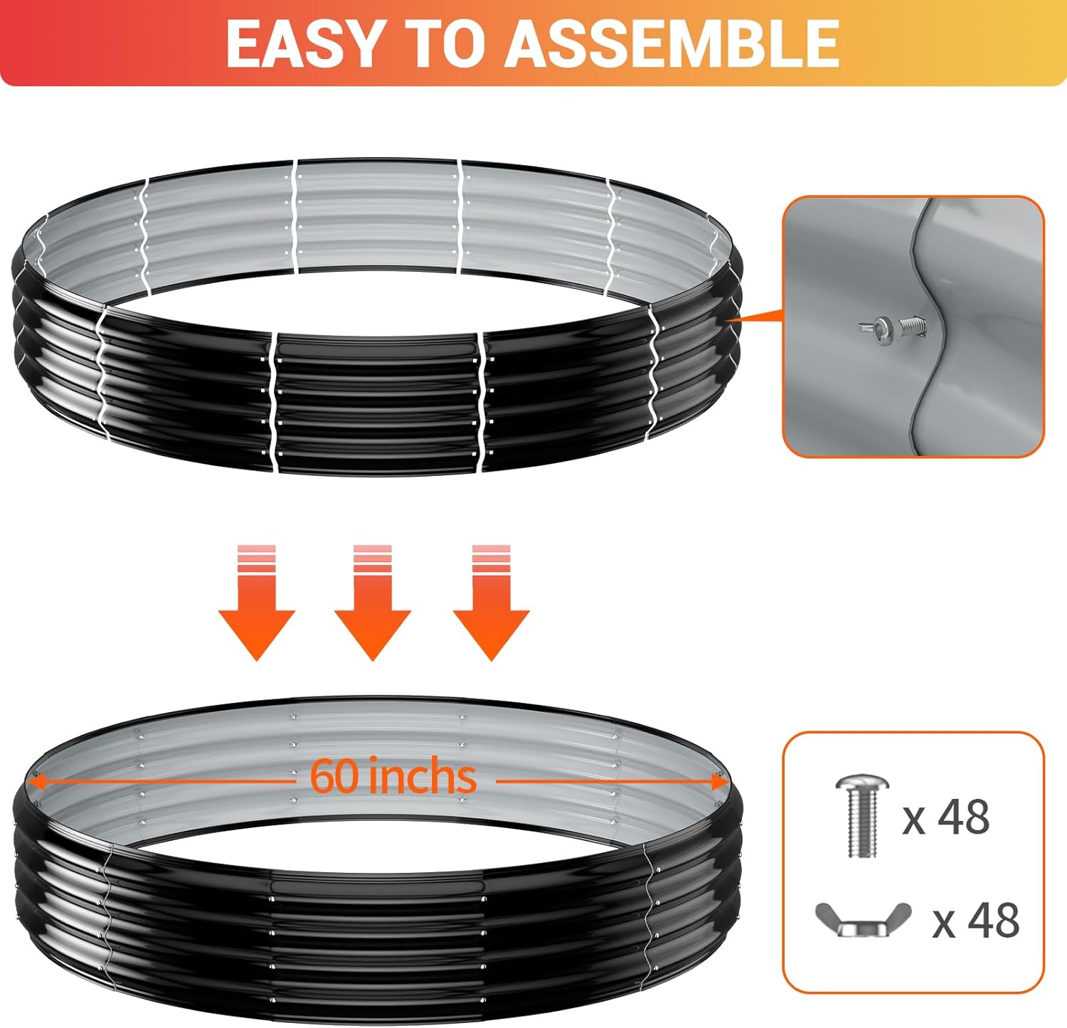 60IN Heavy Duty Fire Pit Ring for Outside - Large Wood Burning Fire Pits&Outdoor Fireplace,High Heat Resistant,12''Raised,Galvanized Steel Bonfire Pit Portable for Camping,Backyard,Patio