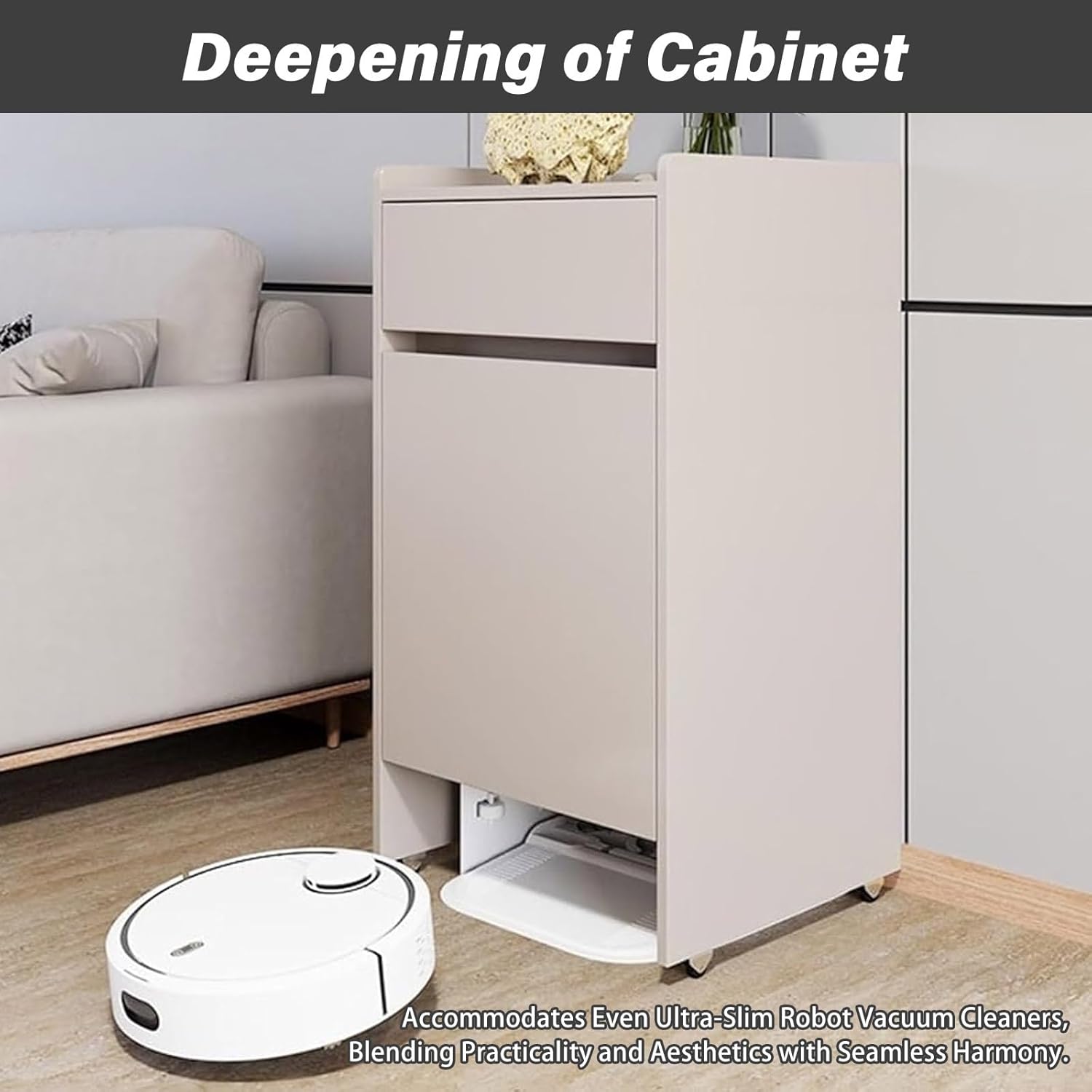 Mobile Robot Vacuum Storage Side Table Multi Tier End Hidden Cabinet with Wheels Robot Shelf Space Saving for Living Room Kitchen Over(Natural)