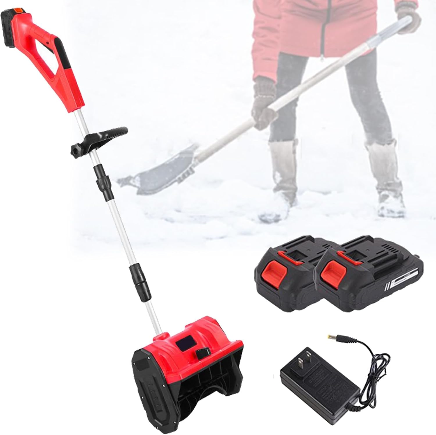 Cordless Snow Shovel, 21V Battery Powered Snow Thrower, Electric Foldable Snow Blower with Telescopic Pole, 2 Battery & Adjustable Direction for School Roads Driveways,Red