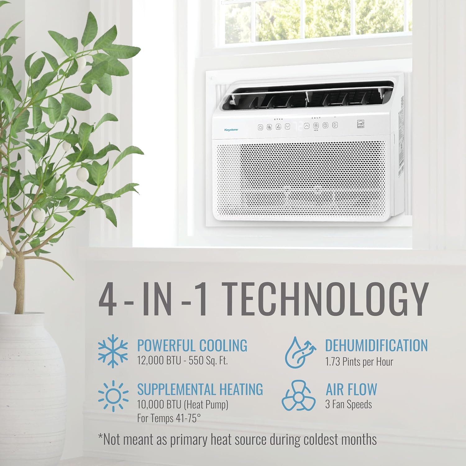 Keystone Energy Star 12,000 BTU Window Mounted Inverter Air Conditioner with Supplemental Heat, Quiet High Efficiency Window AC Unit with Remote for Apartment, Medium-Large Rooms up to 550-Sq.Ft.