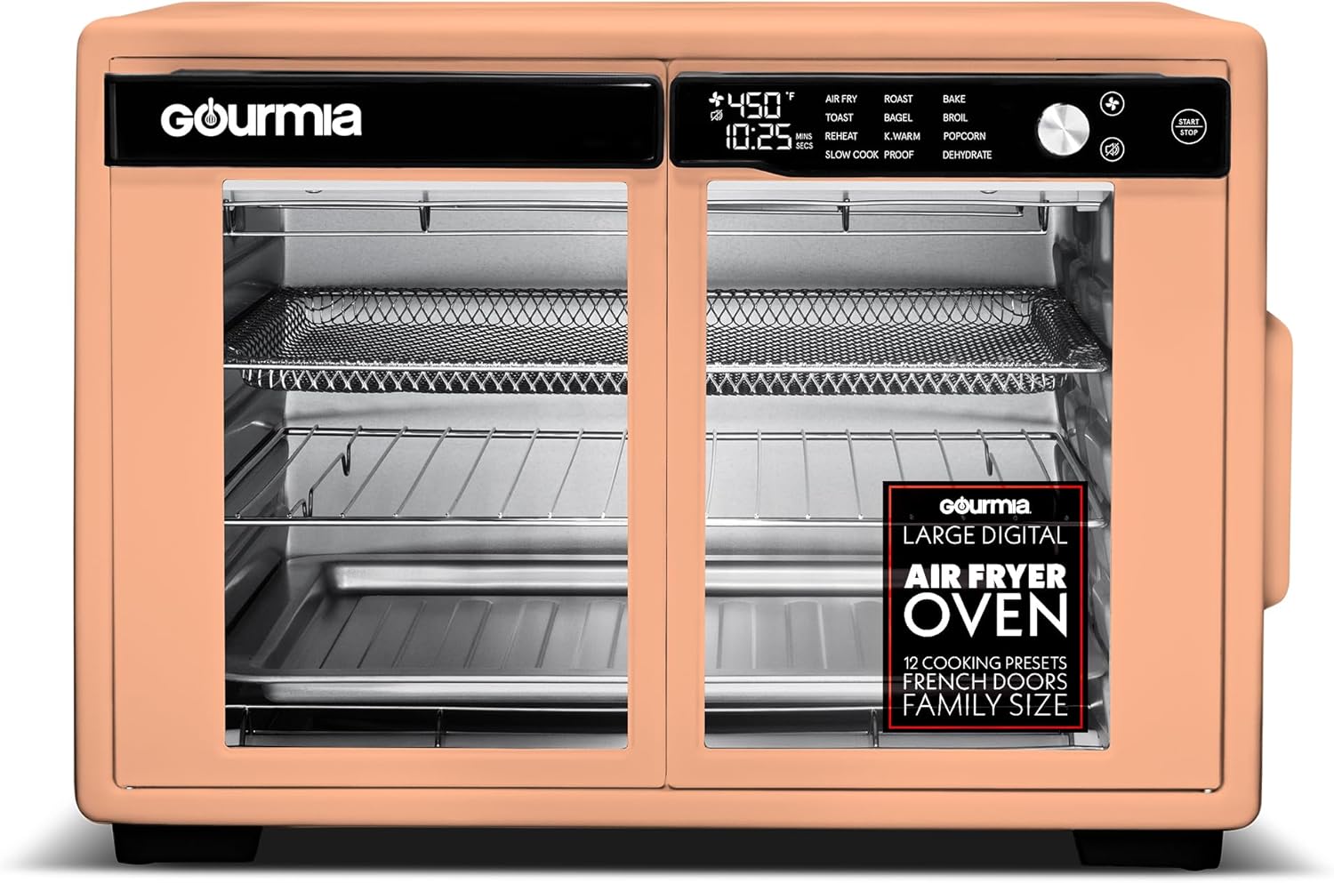 Gourmia French Door Air Fryer Oven - 37 Qt Large Capacity Convection Toaster Oven, FryForce 360°, Digital Display, 12 Cooking Presets, Dehydrate, Fits 13” Pizza, Dishwasher-Safe, Peach