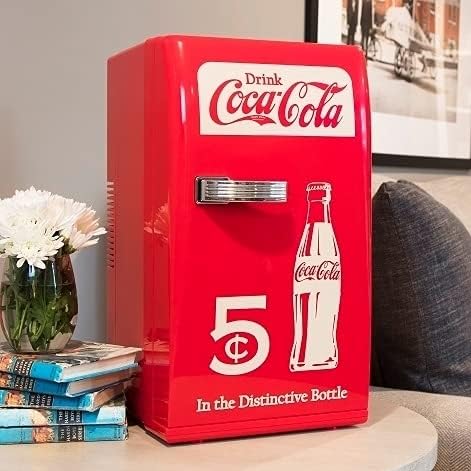 Coca-Cola Retro 18 Can Mini Fridge w/ 12V DC and 110V AC Cords, 22L (23 qt), Portable Cooler, Red, Travel Fridge for Drinks, Snacks, Lunch, Home, Office, Dorm Room, RV