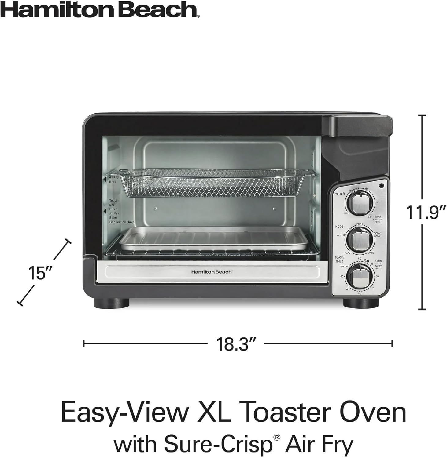 Hamilton-Beach Easy View XL Toaster Oven with Sure-Crisp® Air Fry, 1750W, 6-Slice Capacity, 12” Pizza Fit, 5 Cooking Modes, Extra-Large Window, Timer & Temp Control Dial, Air Fry Basket Included