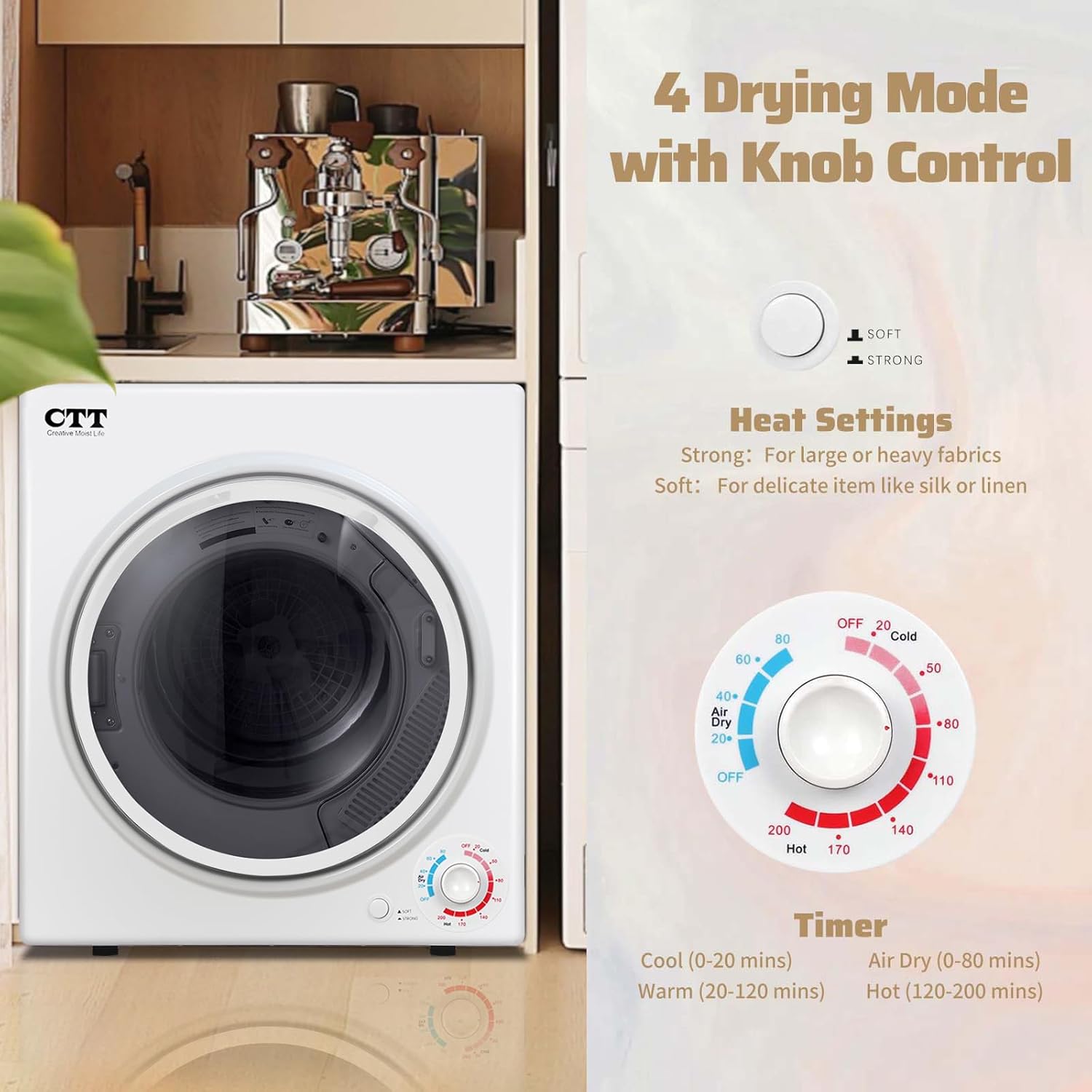 CTT Portable Clothes Dryers for Apartment 1500W, 3.5 cu.ft Compact Dryer for Laundry with 4 Drying Mode, 110V Dryer Machine with Stainless Steel Tub, Overheat Protection