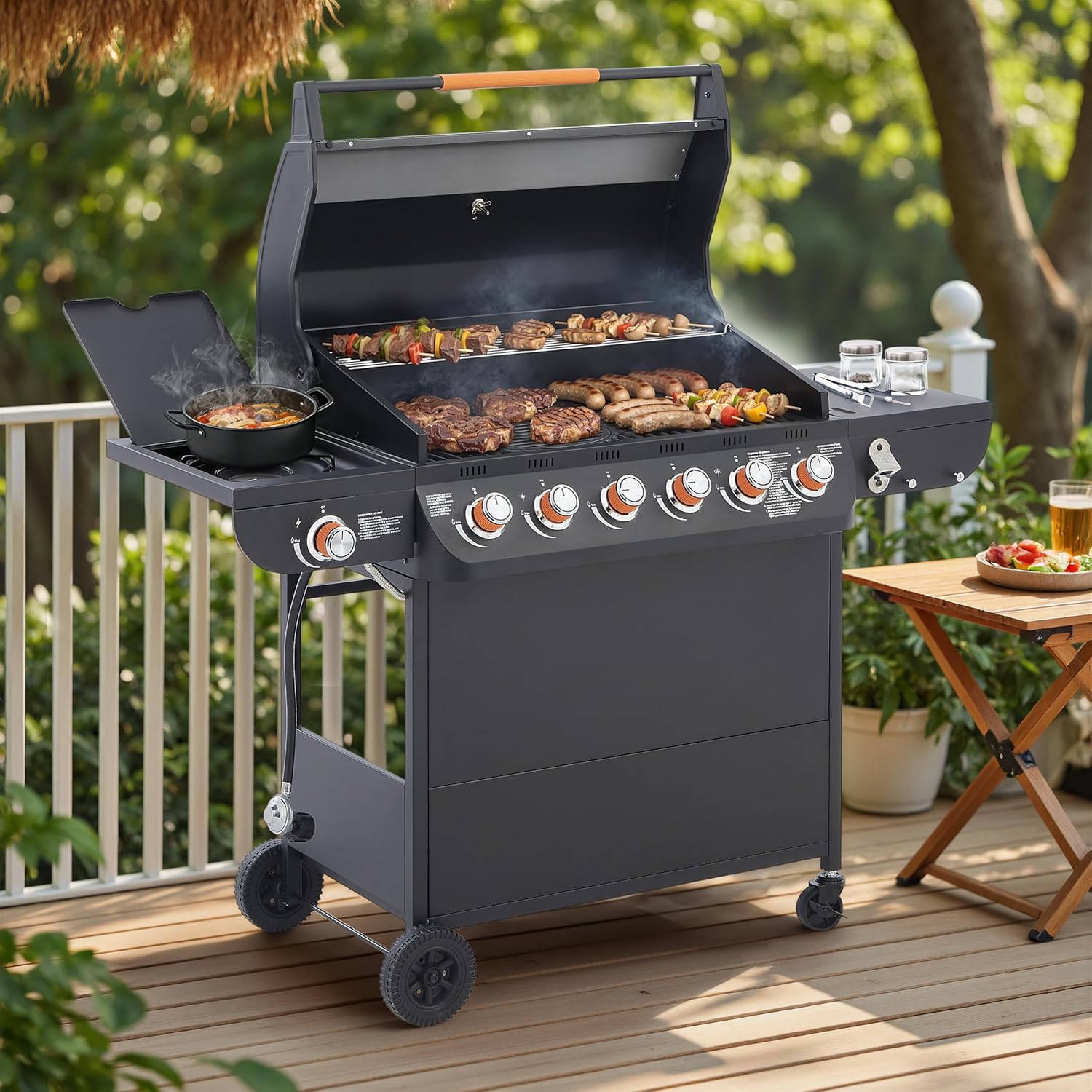 6 Burner BBQ Propane Gas Grill with Side Burner 72000 BTU Output Stainless Steel Barbecue Grill with Cast Iron Grates and Side Tables for Outdoor Cooking Kitchen and Patio Backyard.