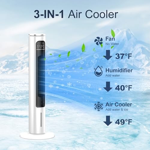 Windowless Portable Air Conditioner Ac Unit with Remote,37” Evaporative Air Cooler,Swamp Cooler for 4 Modes, 12H Timer, Removable Water Tank,Ice Packs,CoolingTower Fan for Bedroom,Outdoor,Indoor White