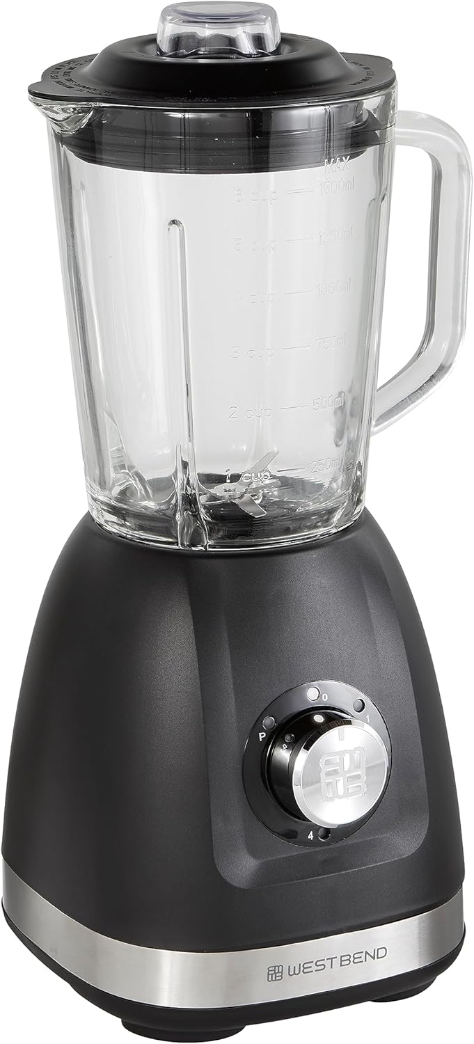 West Bend Blender with 48-Ounce Blending Jar and 20-Ounce Travel Cup, Compact Design with Dial Control, 700-Watts, Black