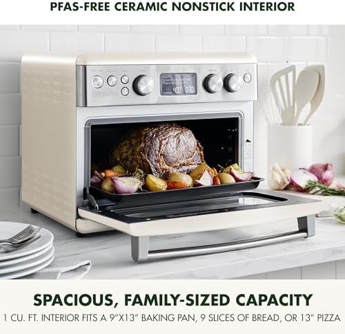 GreenPan 13-in-1 Elite Countertop Convection Oven & Air Fryer, PFAS-Free Ceramic Tray & Pizza Pan, Adjustable Racks, Multifunction Presets, Toaster, Bake, Broil, Roast, Proof, Dehydrate, Cloud Cream