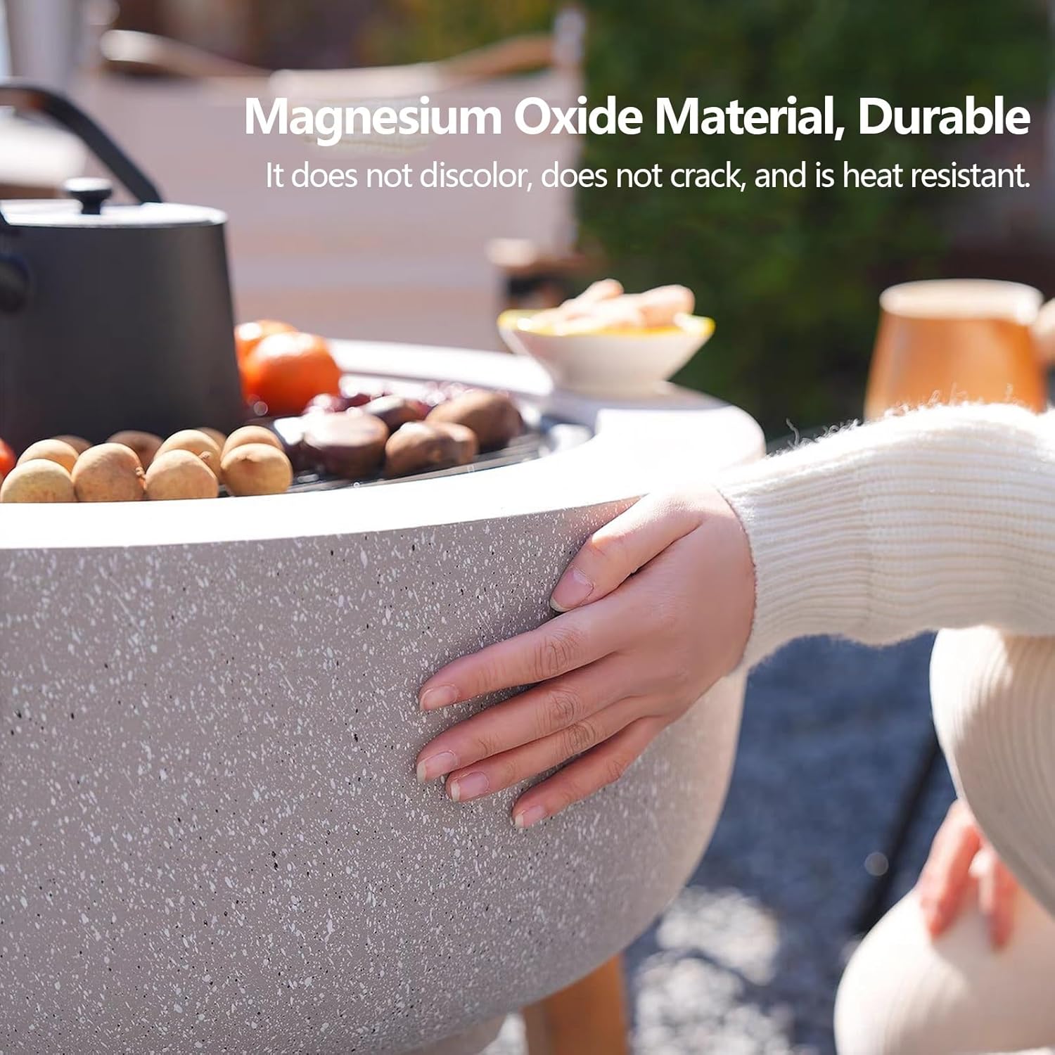 Concrete Fire Pit Table 23.6 Inch Round Wood Burning and Charcoal Grill with Spark Screen and Poker Modern Outdoor Fire Pit for Patio Garden Backyard BBQ and Heating