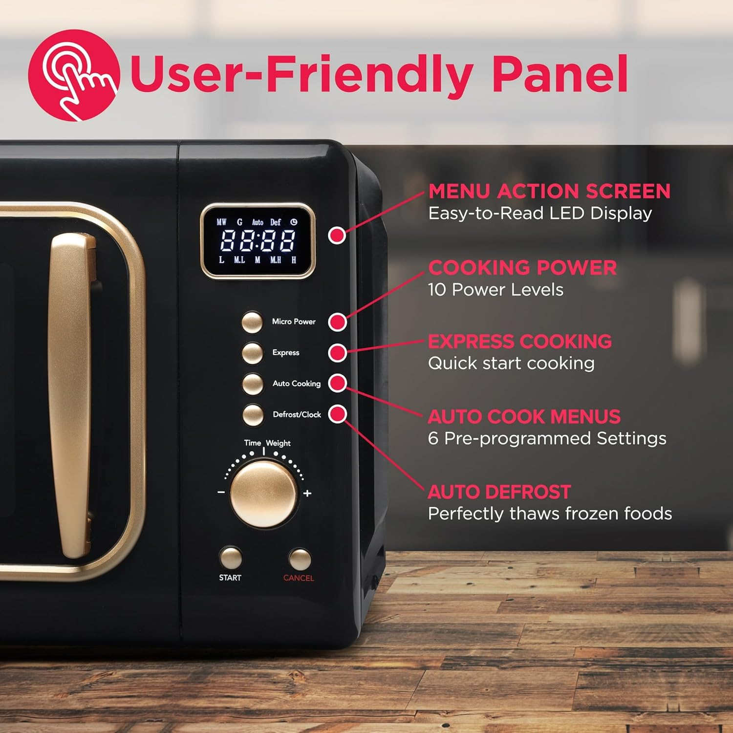 Compact 0.7 Cu. Ft. Retro Countertop Microwave Oven - Stylish Black and Gold Design