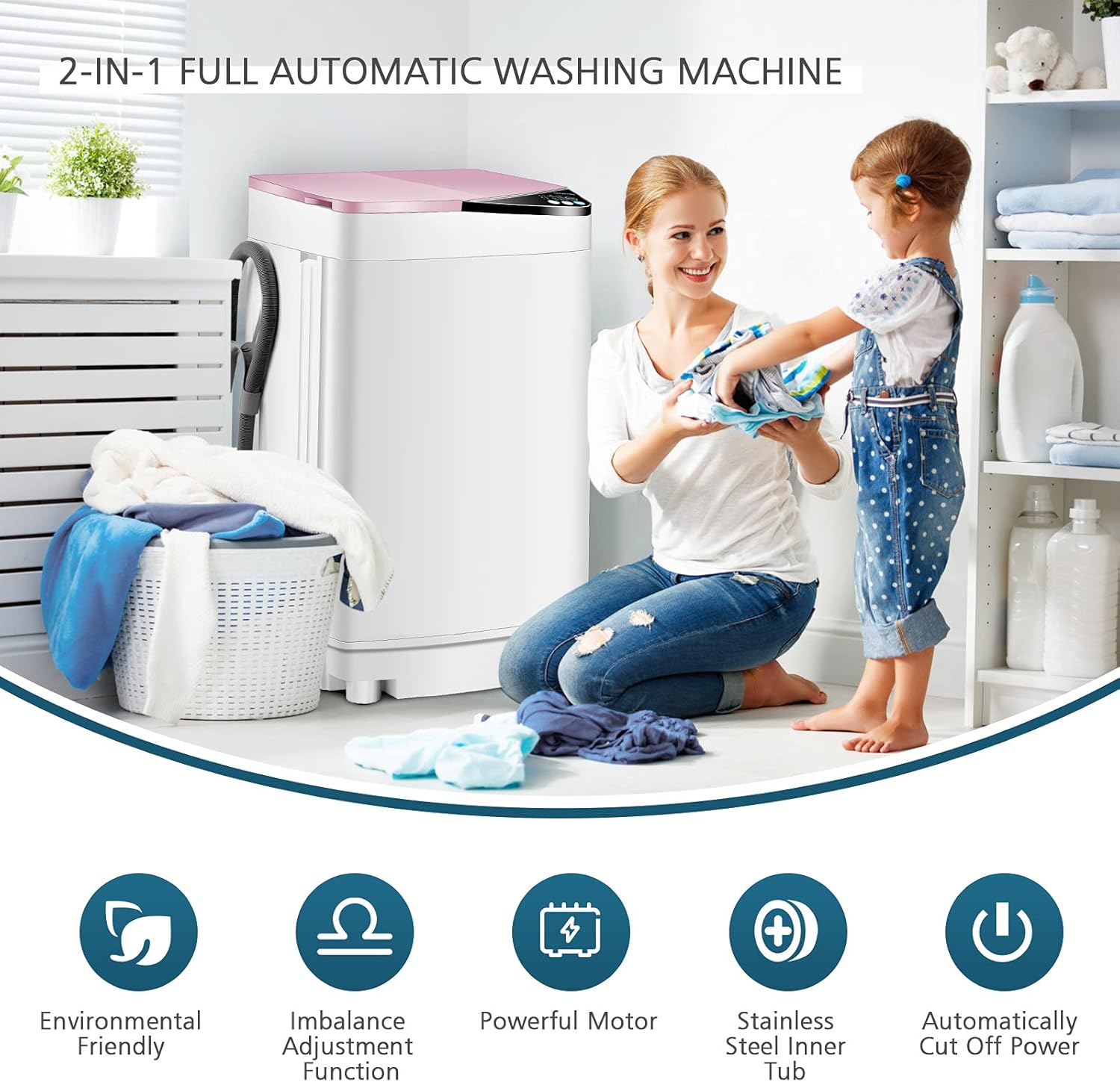 Portable Washing Machine, ARLIME Compact Mini Full-Automatic Laundry 2-In -1 Washer & Spin Dryer 7.7lbs Capacity W/Drainage Pump & Long Hose For Condo, Apartments, Dorms, RV’s Camping Living (Pink)