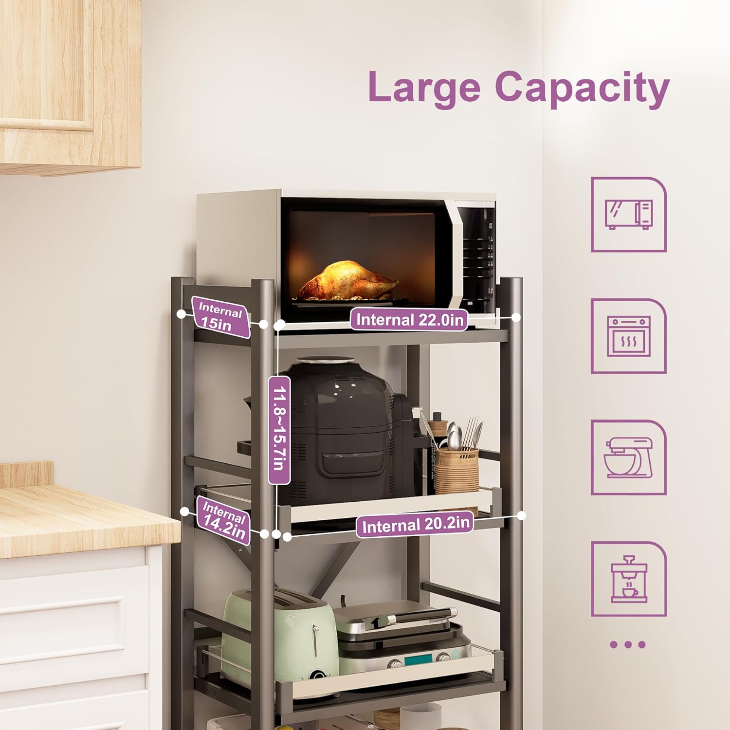 4-Tier Pull Out Kitchen Baker's Rack with Wheels, Heavy Duty Metal Microwave Stand with Storage, Adjustable Ktichen Shelves Freestanding, Rolling Utility Storage Cart (23.6''W x 49.2''H)