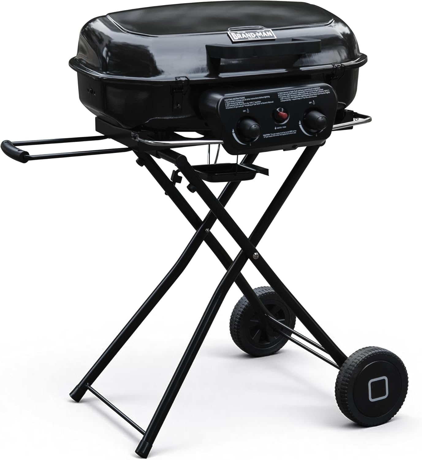 Brand-Man Portable Propane Gas Grill with Folding Cart and Push-Button Ignition, Standup Design for Camping, Tailgating, Backyard BBQ, Patio, Outdoor Cooking (Black)