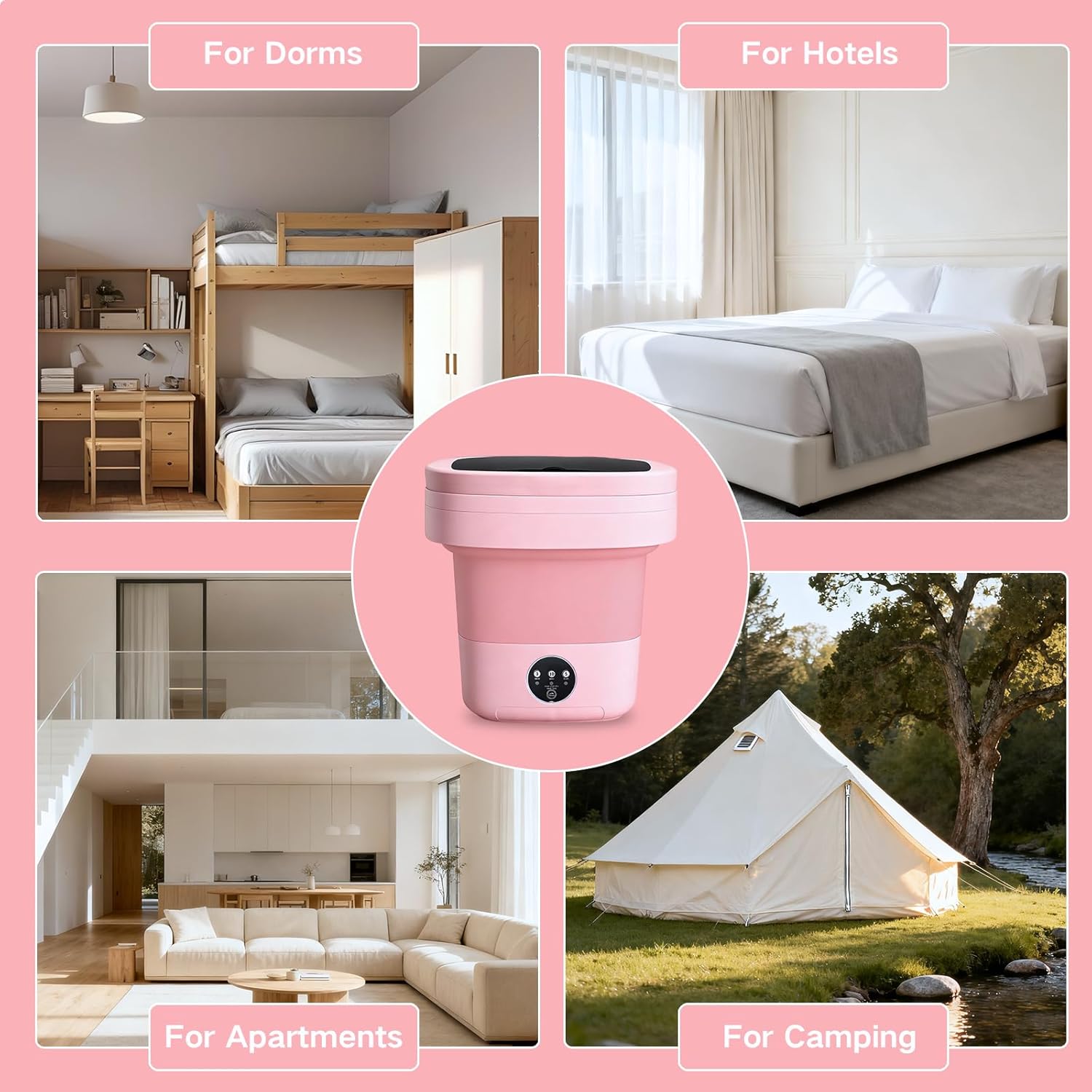Portable Washing Machine, 15L Mini Collapsible Washer with 3 Cleaning Modes for Baby Clothes, Underwear, Small Foldable Laundry for Travel Apartment Home Dorm Hotel Camping (Pink)