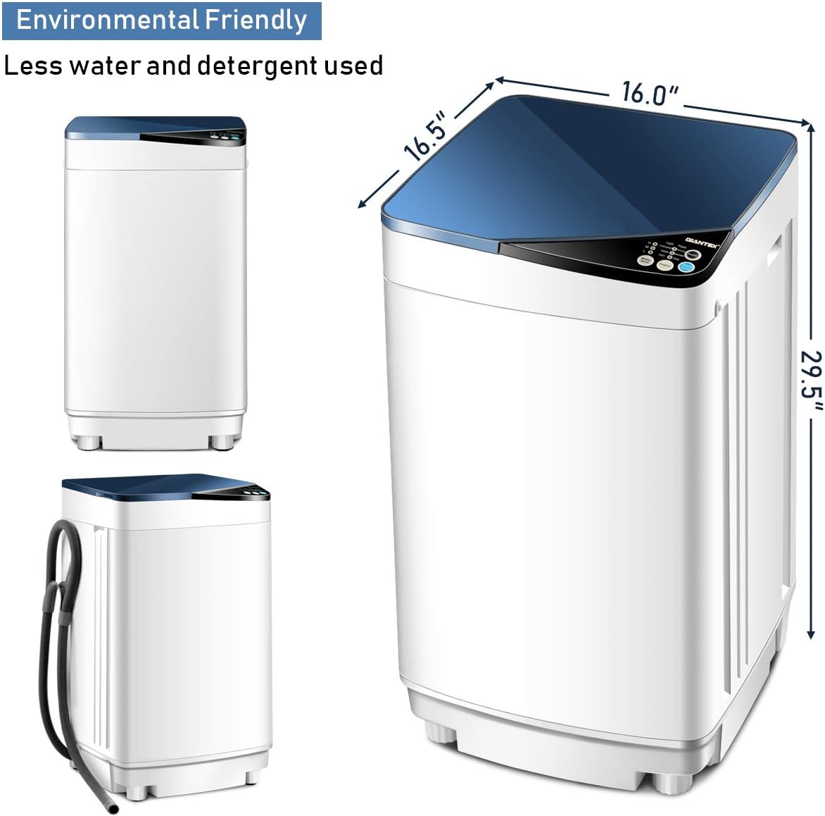 Giantex Full-Automatic Washing Machine Portable Washer and Spin Dryer 7.7 lbs Capacity Compact Laundry Washer with Built-in Barrel Light Drain Pump and Long Hose for Apartments Camping (White & Blue)