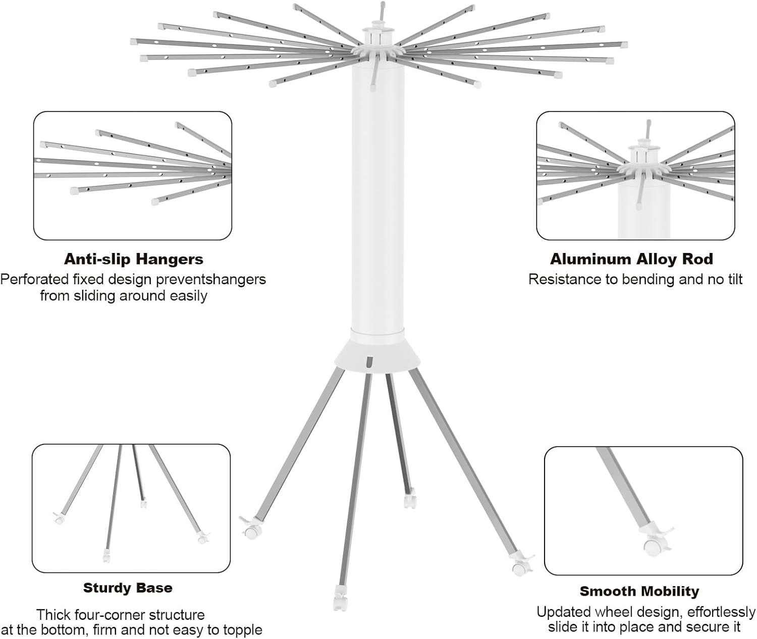4-Legged Clothes Drying Rack Foldable, Outdoor Collapsible Drying Rack Clothing, Portable Laundry Drying Rack with 4 Pulleys, Aluminum Alloy Dry Rack for Clothes, Indoor, Balcony, Poolside, Camping