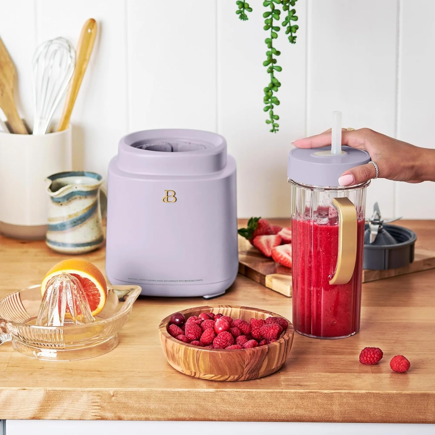 Beautiful PowerExact Blender System with 700W Motor, 50oz Tritan Jar, 20oz Single-Serve Cup, No Drippy Sippy™ Lid, 3 Speeds & 4 Pre-sets by Drew Barrymore (Lavender)