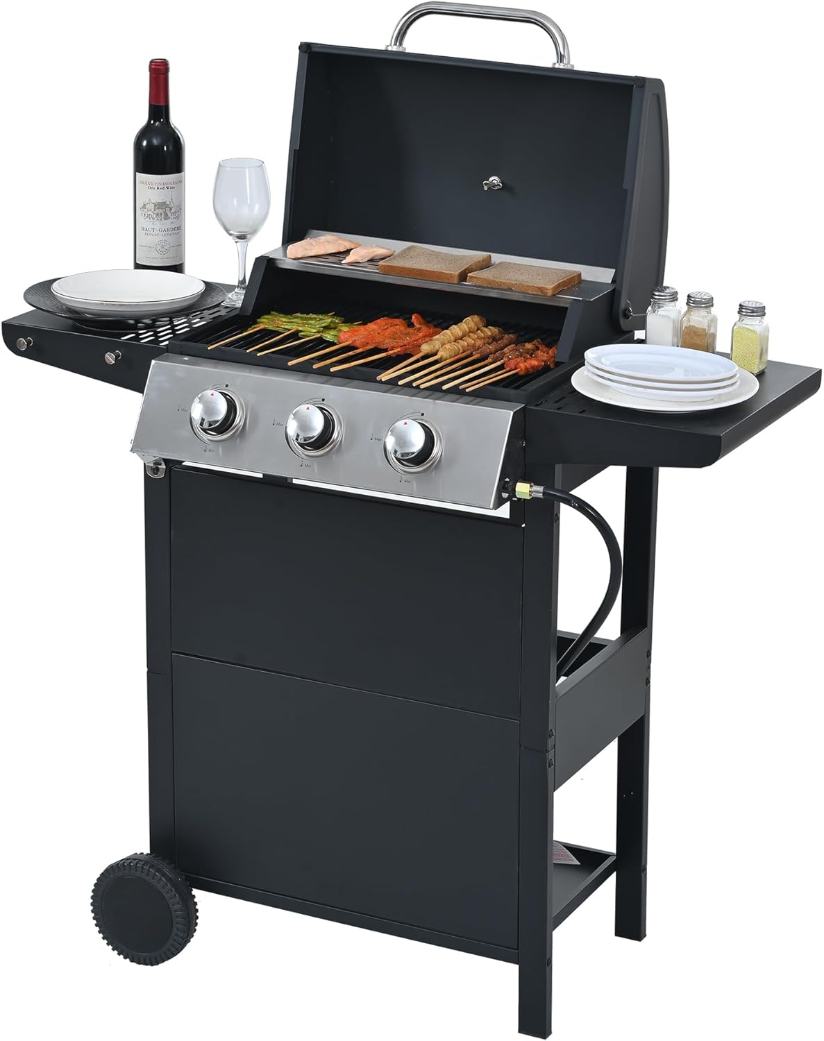 3 Burner BBQ Propane Gas Grill, Stainless Steel Patio Garden Barbecue Grill with 2 Shelves,Lid,Wheels,Bottle Opener,Stainless Steel BBQ Grill,Propane Grilling,Outdoor Barbecue Cooking