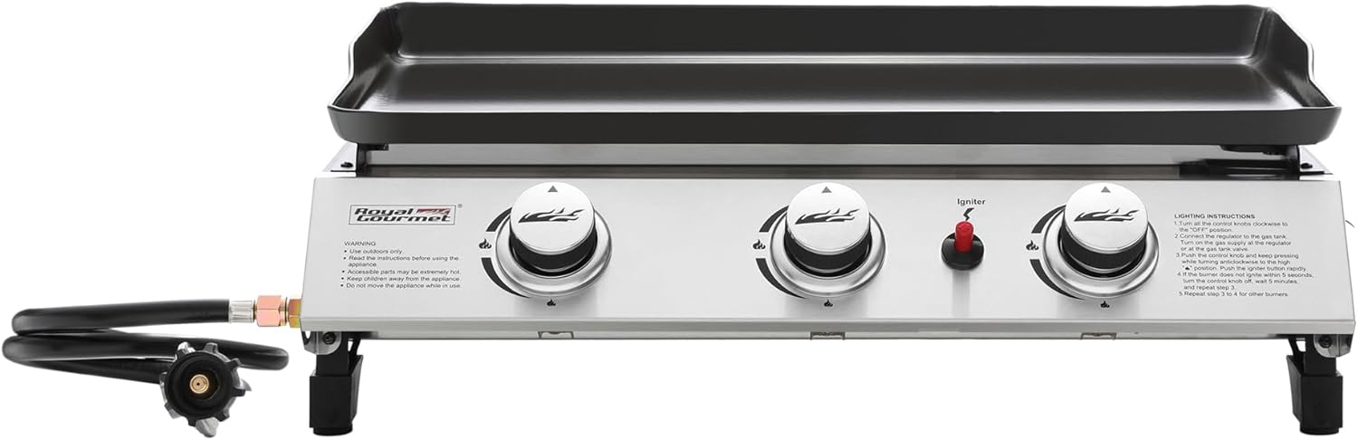 Royal Gourmet PD1300 3-Burner Portable Propane Gas Grill Griddle, 26,400 BTU Table Top Griddle for Outdoor Cooking, Camping, Tailgating, or Picnics, Silver