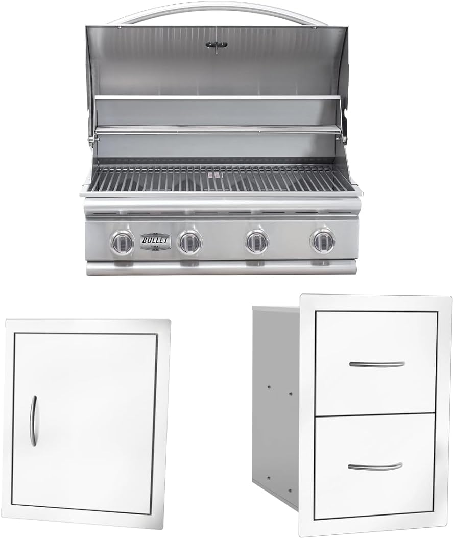 Bullet by Bull Stainless Steel Outdoor Kitchen Grill Set - Built-In Natural Gas Grill -BBQ Kitchen Island Bundle - Includes 4 Burner Grill, Single Access Door & Double Storage Drawer