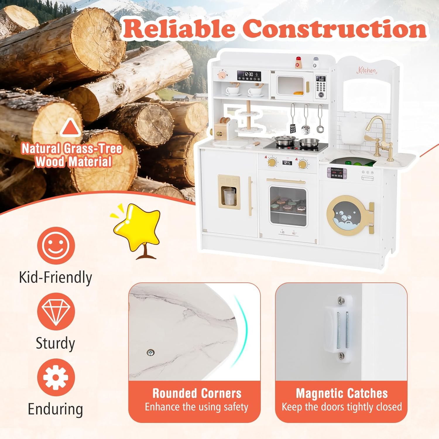 Costzon Kids Kitchen Playset, Toddler Wooden Pretend Playset w/Real Lights & Sounds, Faucet, Microwave Oven, Coffee Machine, Toaster & Ice Dispenser, Little Chef Play Kitchen for Kids Aged 3+ (White)