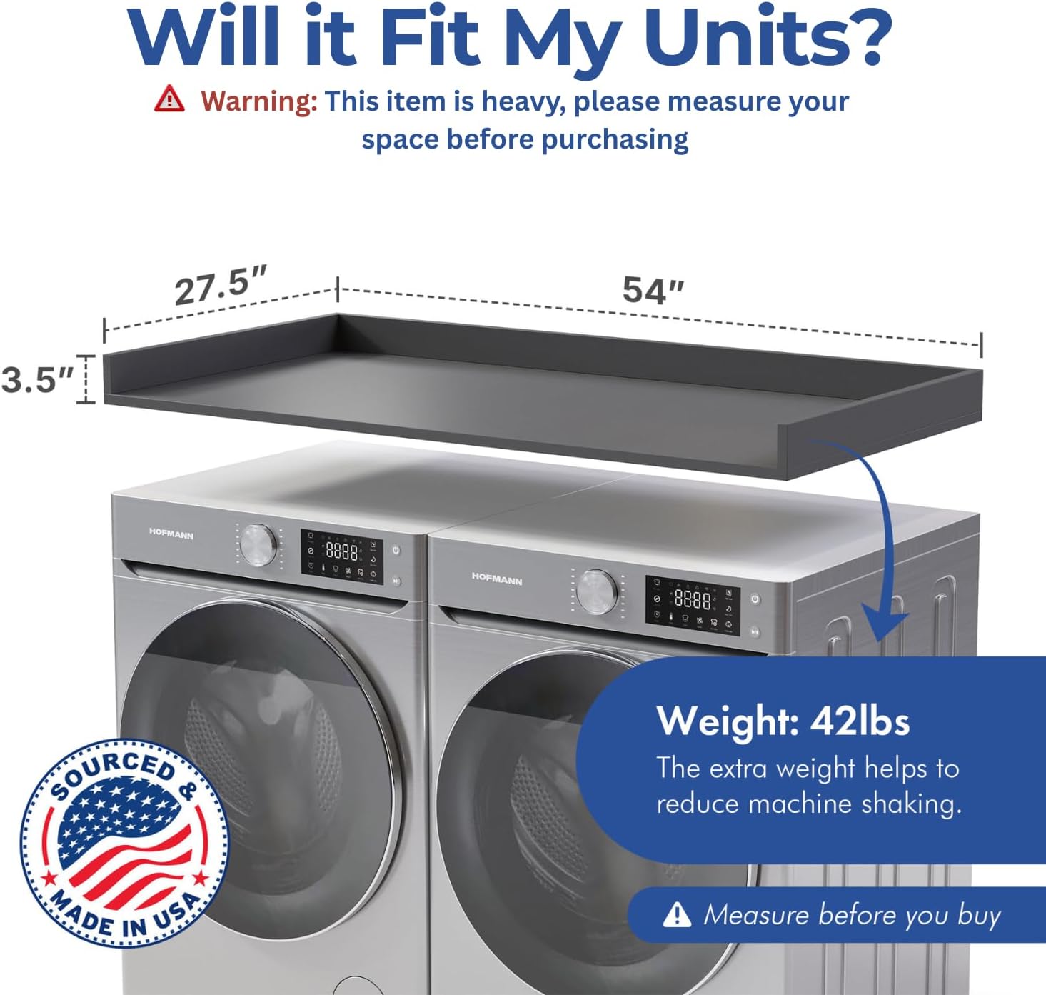 OfficeSimpli Washer Dryer Countertop, Made in USA, Non-Slip Pads, Easy Clean, Laundry Room Essentials and Decor, Washer Dryer Wood Top for Organization (Slate Grey, Standard (27.5