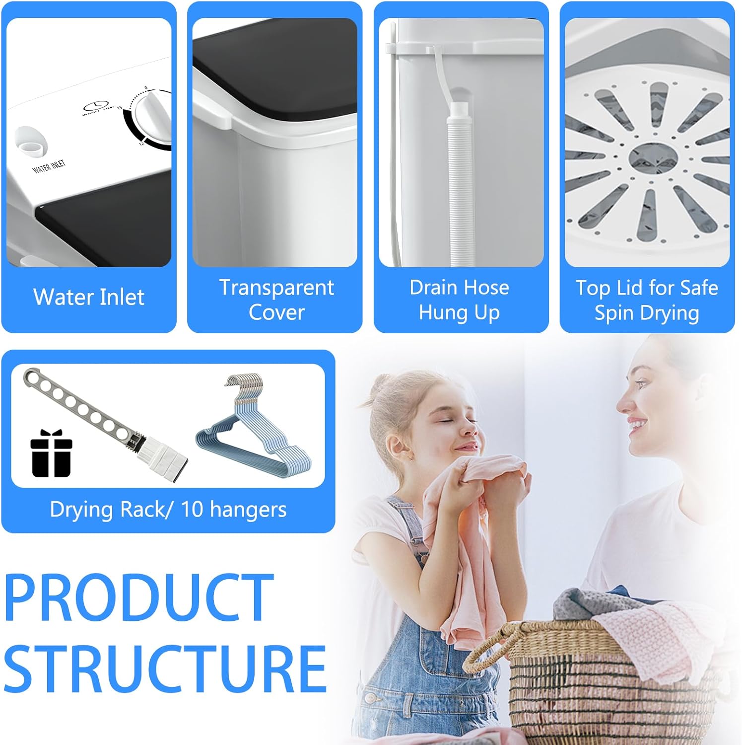 Portable Washing Machine, 18lbs Twin Tub (11+7lbs Washer/Spinner) with 10 Hangers and Drying Rack, for Powerful Stain Removal, Semi-Automatic Compact Washer for Dorms, Apartments, RVs(Black)