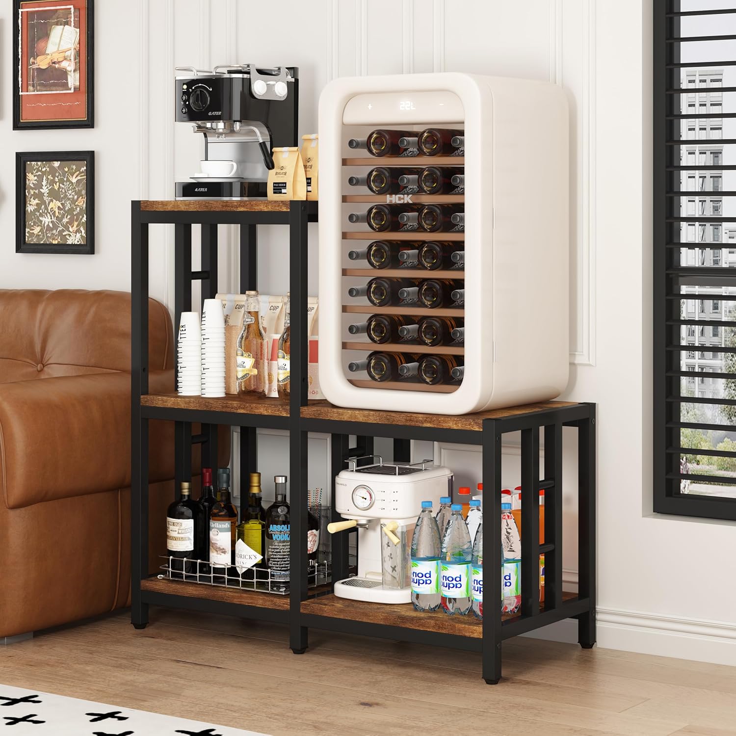 5-Tier Mini Fridge Stand with Storage, Vintage Brown Bakers Rack and Microwave Oven Stand, Kitchen Mini Fridge Cabinet with Shelves, Coffee Bar Organizer for Home, Office, Dorm