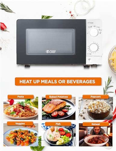 Commercial Chef 0.6 Cu. Ft. Countertop Microwave Oven, Mechanical Dial Controls, 700W, Pull Handle Door, 6 Power Levels, CHM660W, White